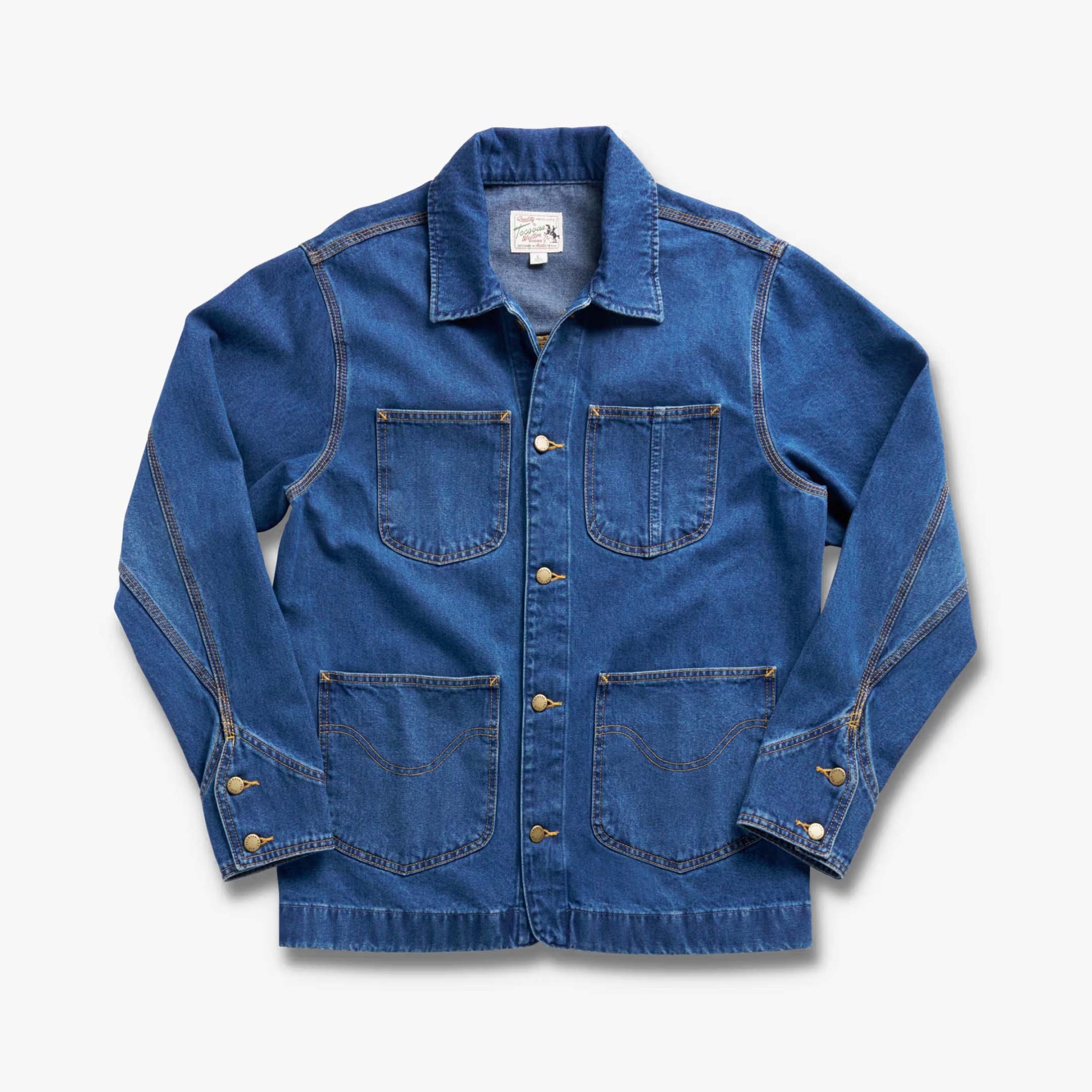 a blue denim Tecovas chore coat