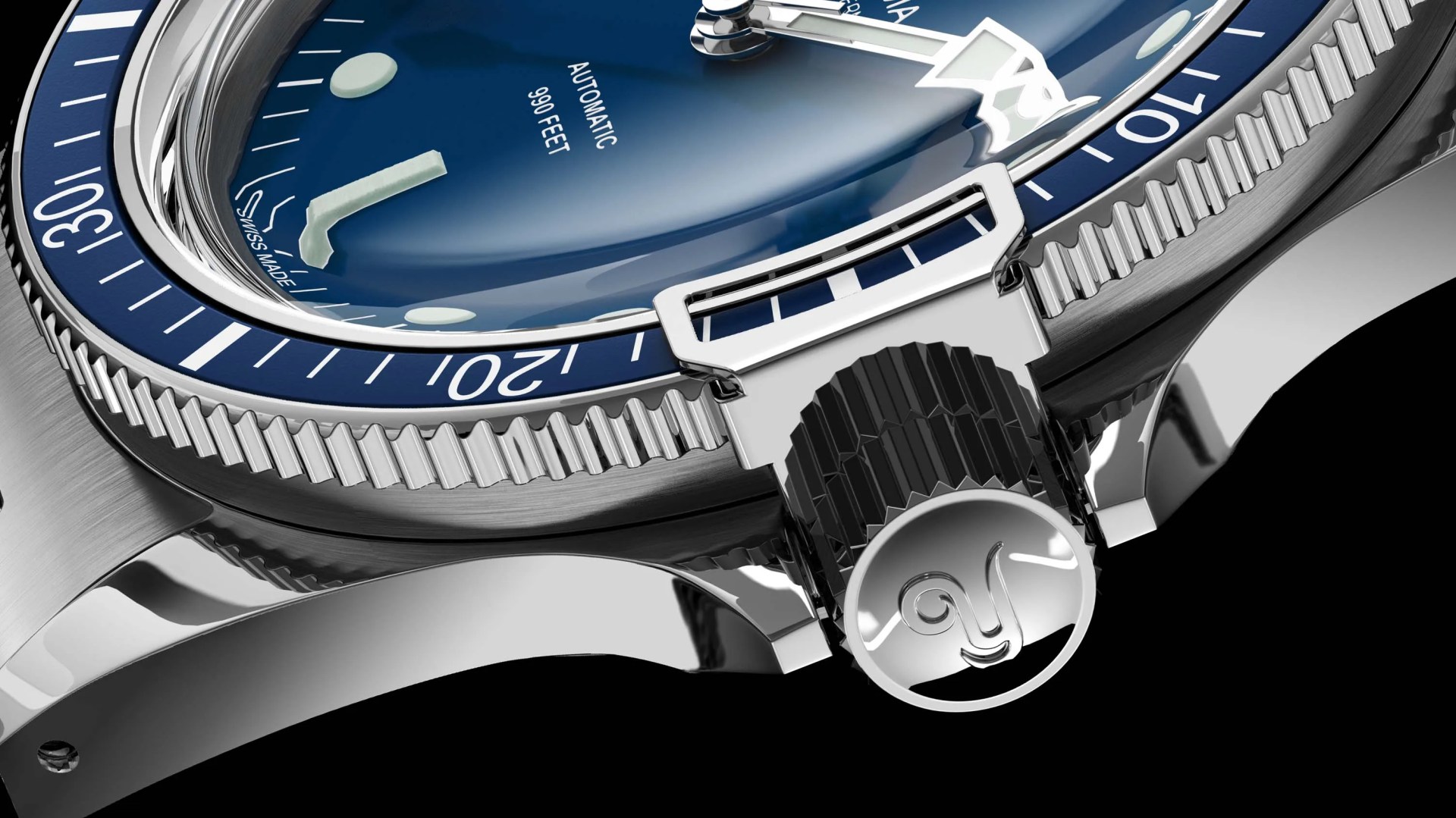 the crown and bezel of a blue Yema Superman Swiss Edition dive watch