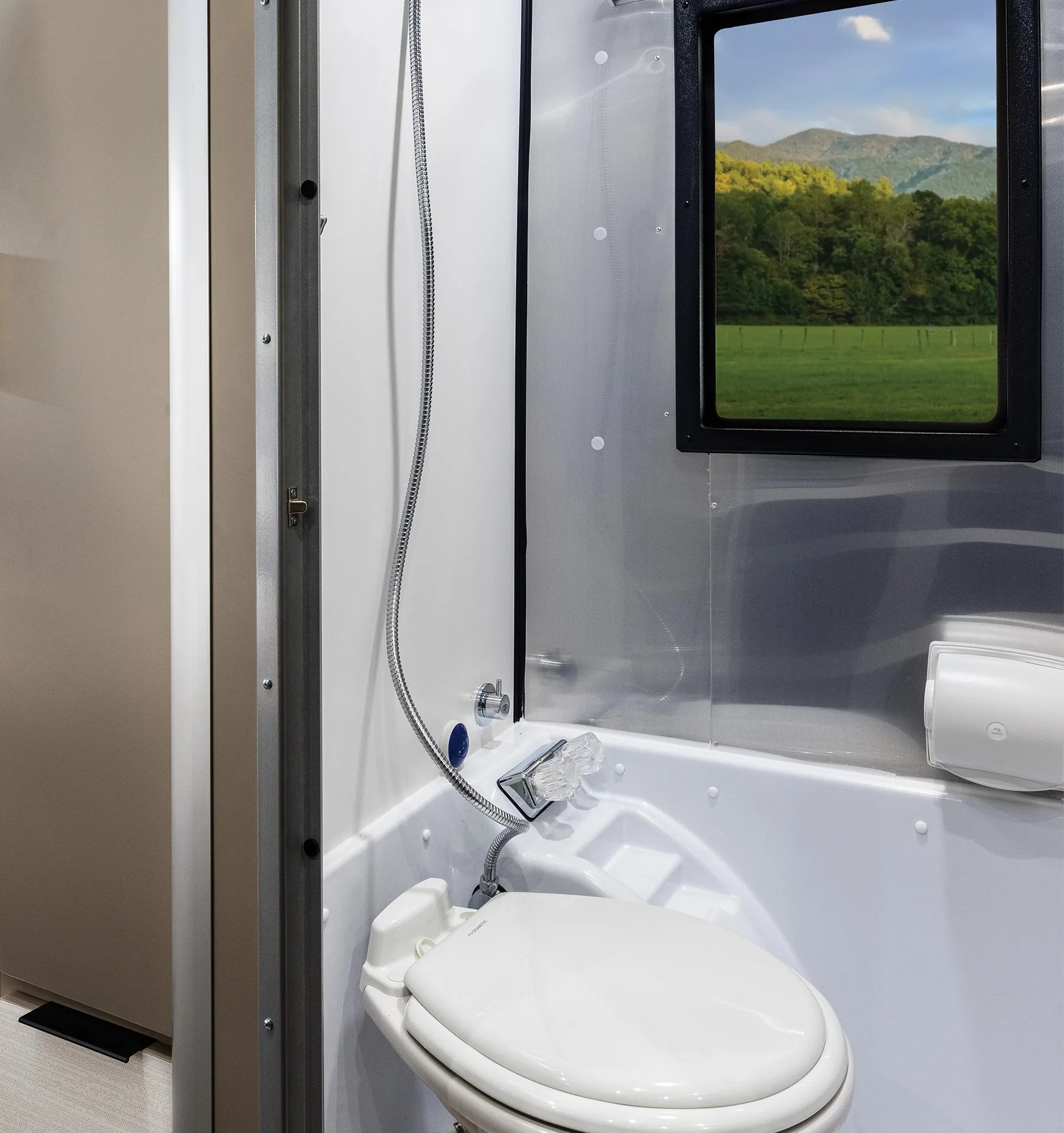 The Airstream Basecamp Xe bathroom and shower area.