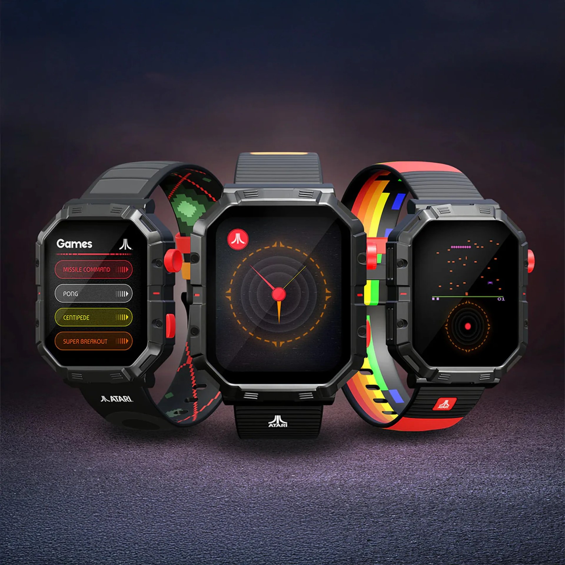 Atari 2600 My Play Smartwatches on blue-gray background