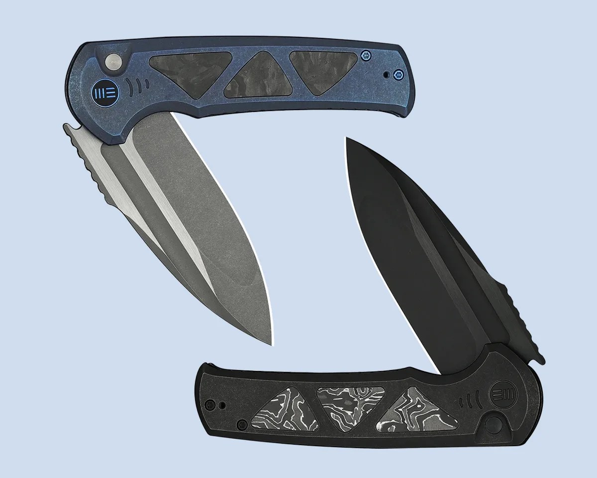 two We Knife Sylox knives on blue background