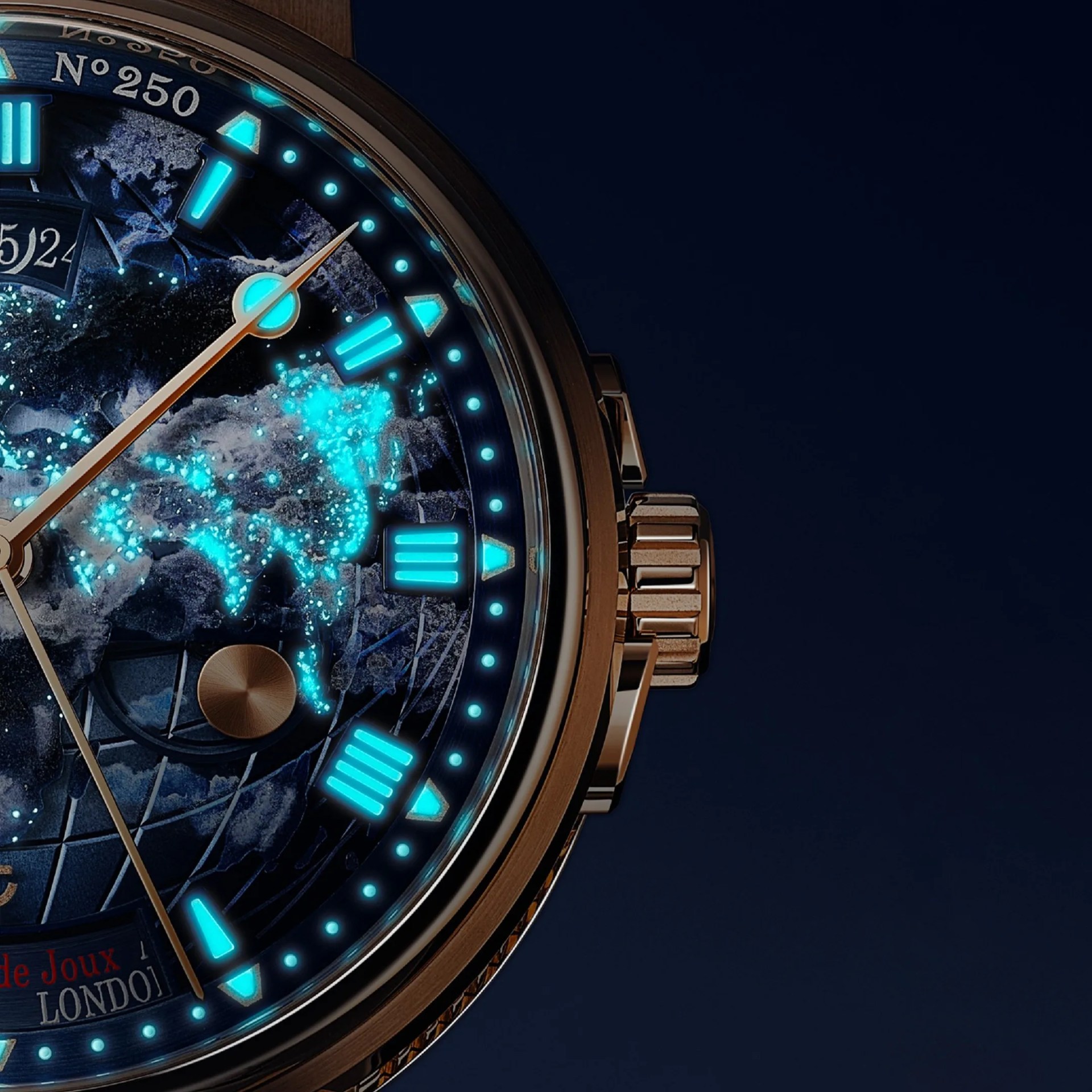 Close-up of a luxury watch face featuring a glowing blue map of the world with illuminated hour markers and hands. The watch has a bronze or gold-toned bezel and crown, with intricate detailing and a dark background. The dial includes Roman numerals and luminous dots, with a date window partially visible. The watch is numbered "No 250" near the top.