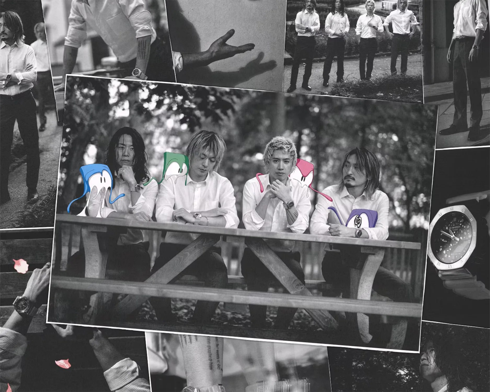 a black and white photo of the Japanese rock band One OK Rock