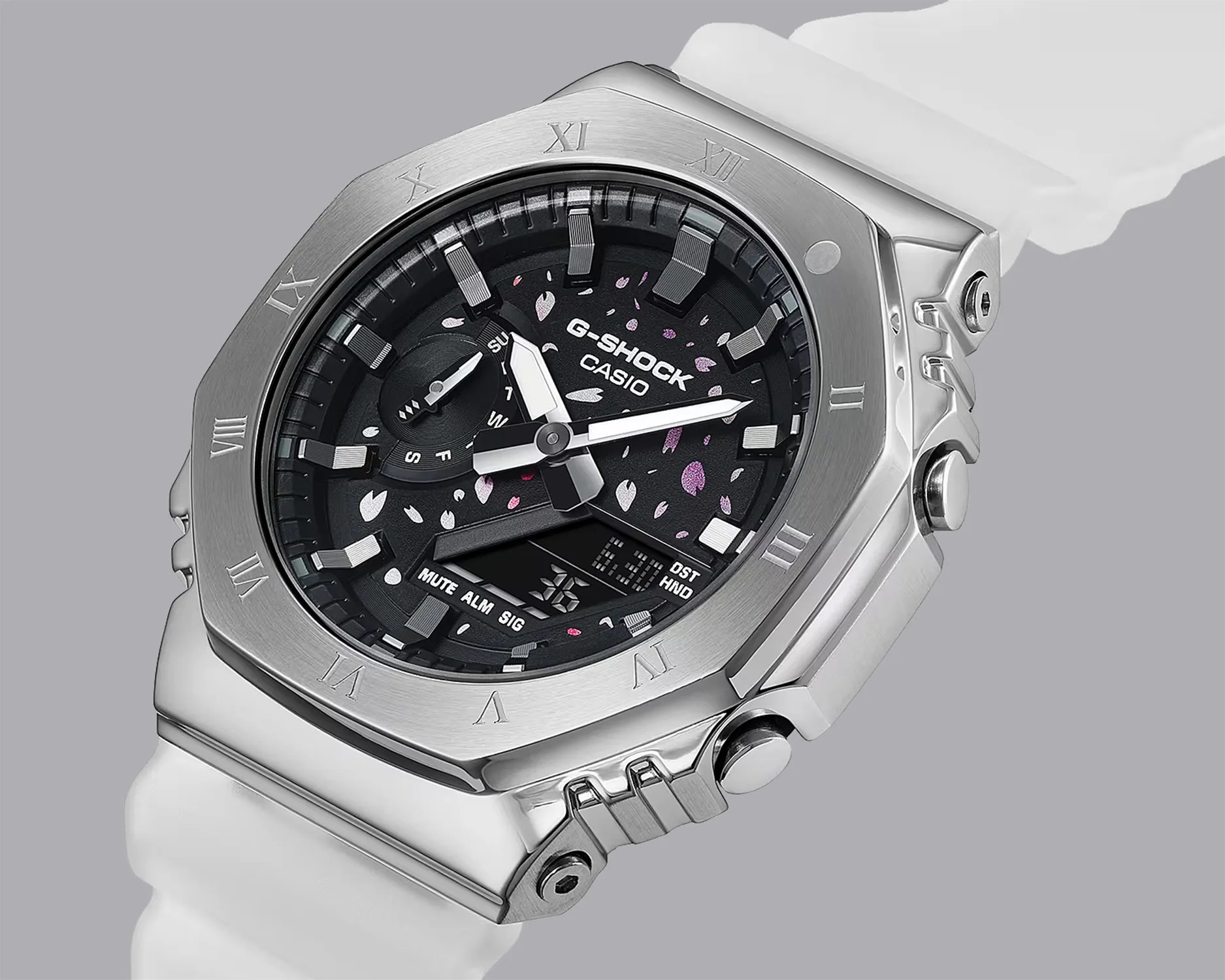 a Casio G-Shock watch with flower pedals on the dial