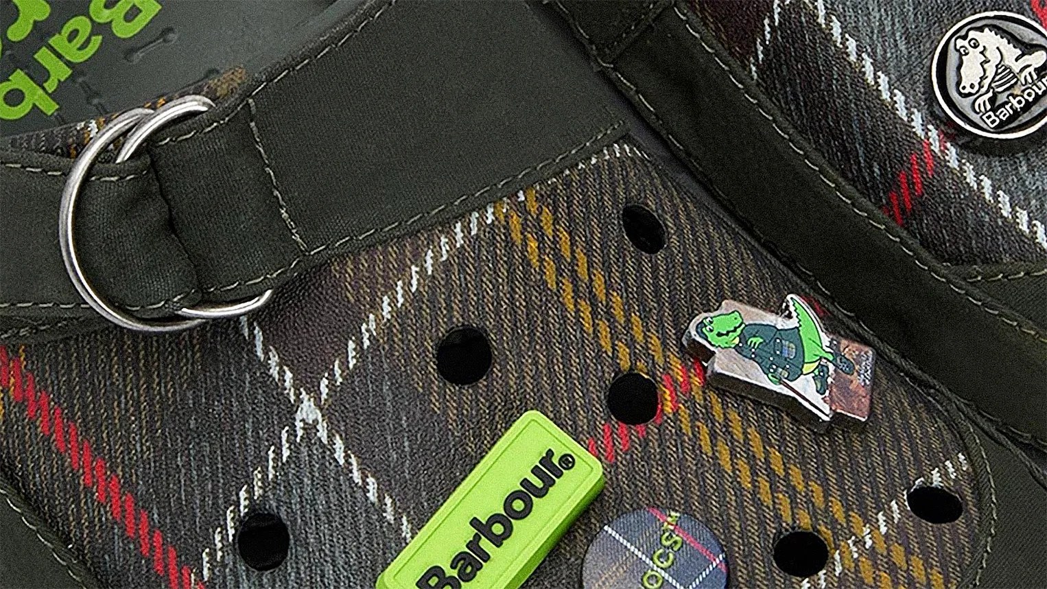 green crocs clog with barbour pattern