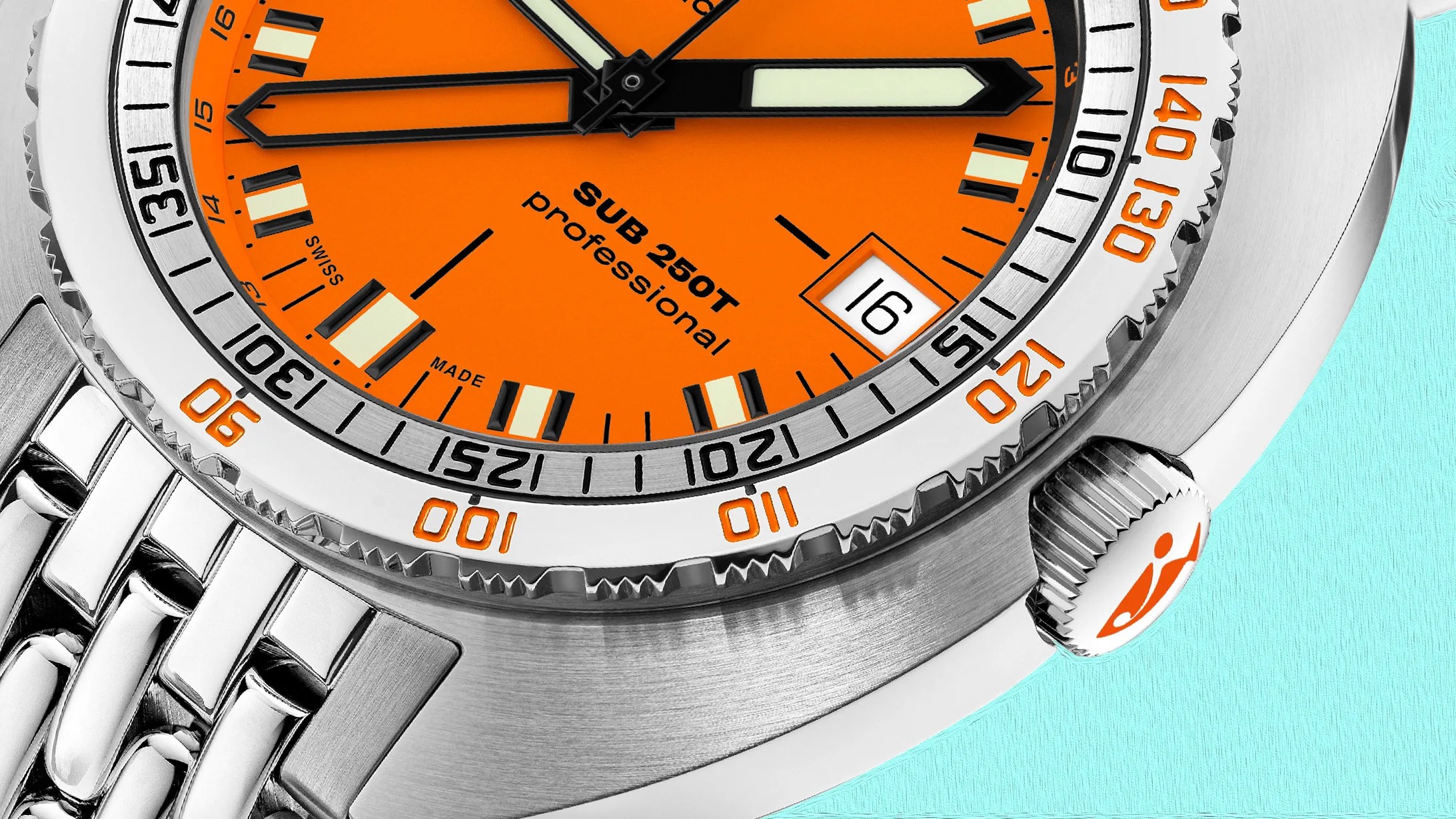 the dial crown and bezel of an orange Doxa GMT dive watch