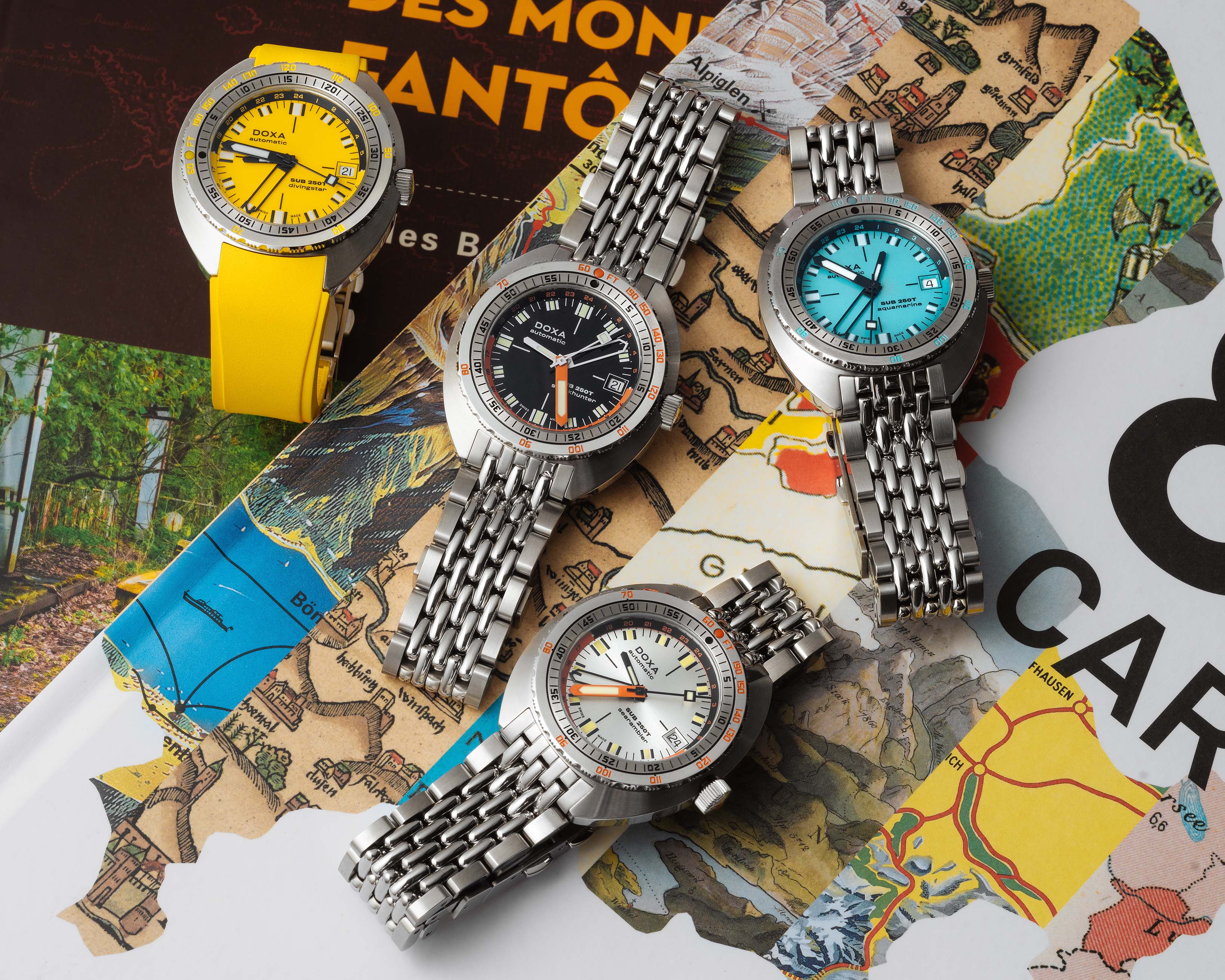 a group of four Doxa GMT dive watches
