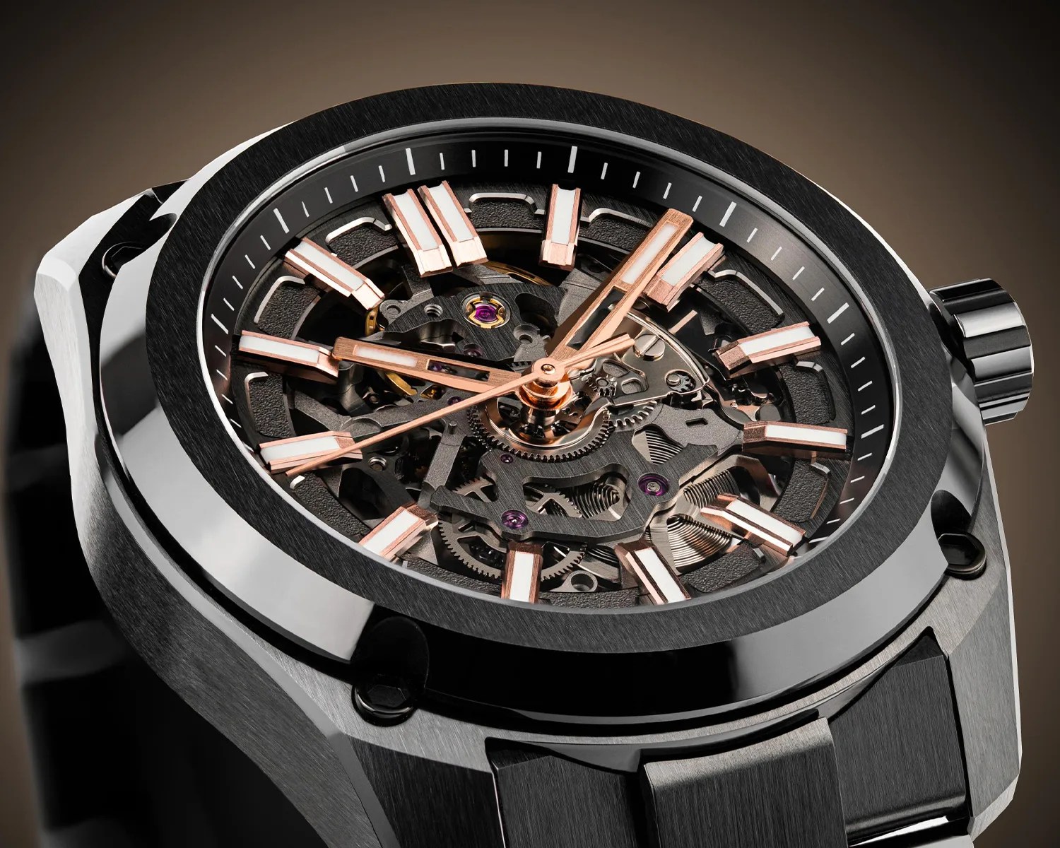 a closeup of a skeletonized a formex ceramic watch dial