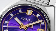 the purple dial and steel case of a Seiko watch