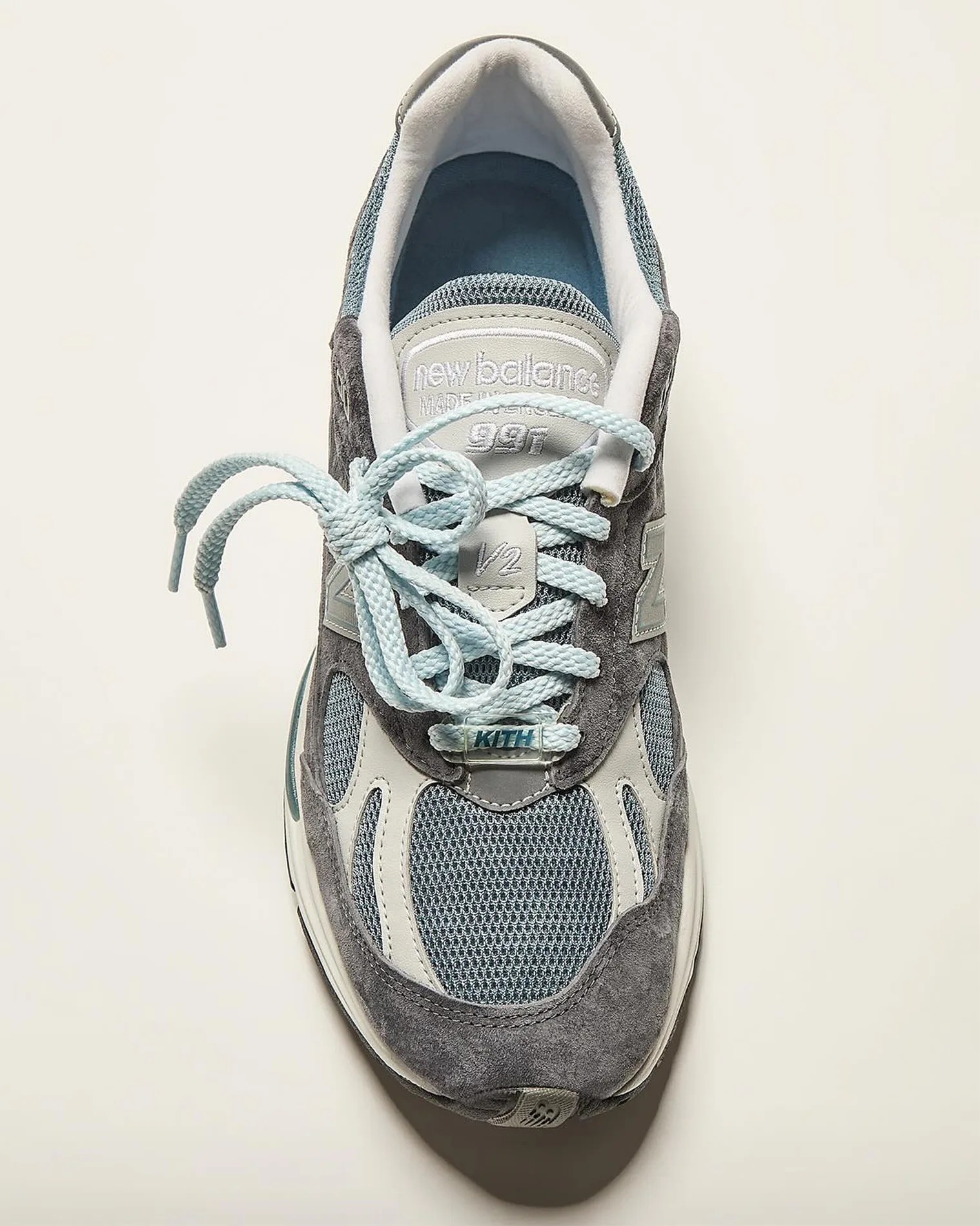 the top of a gray new balance running shoe