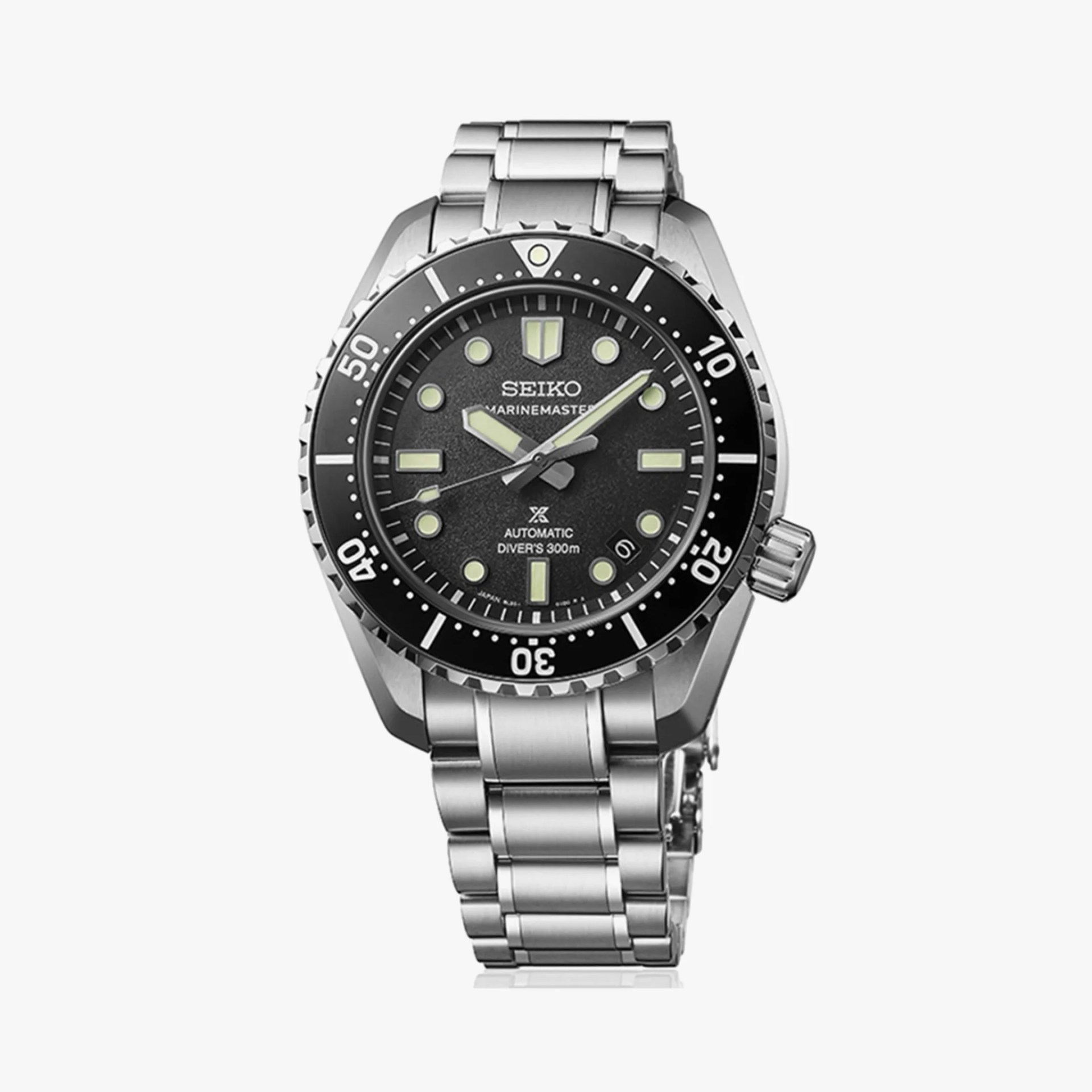 a steel Seiko dive watch with a black dial