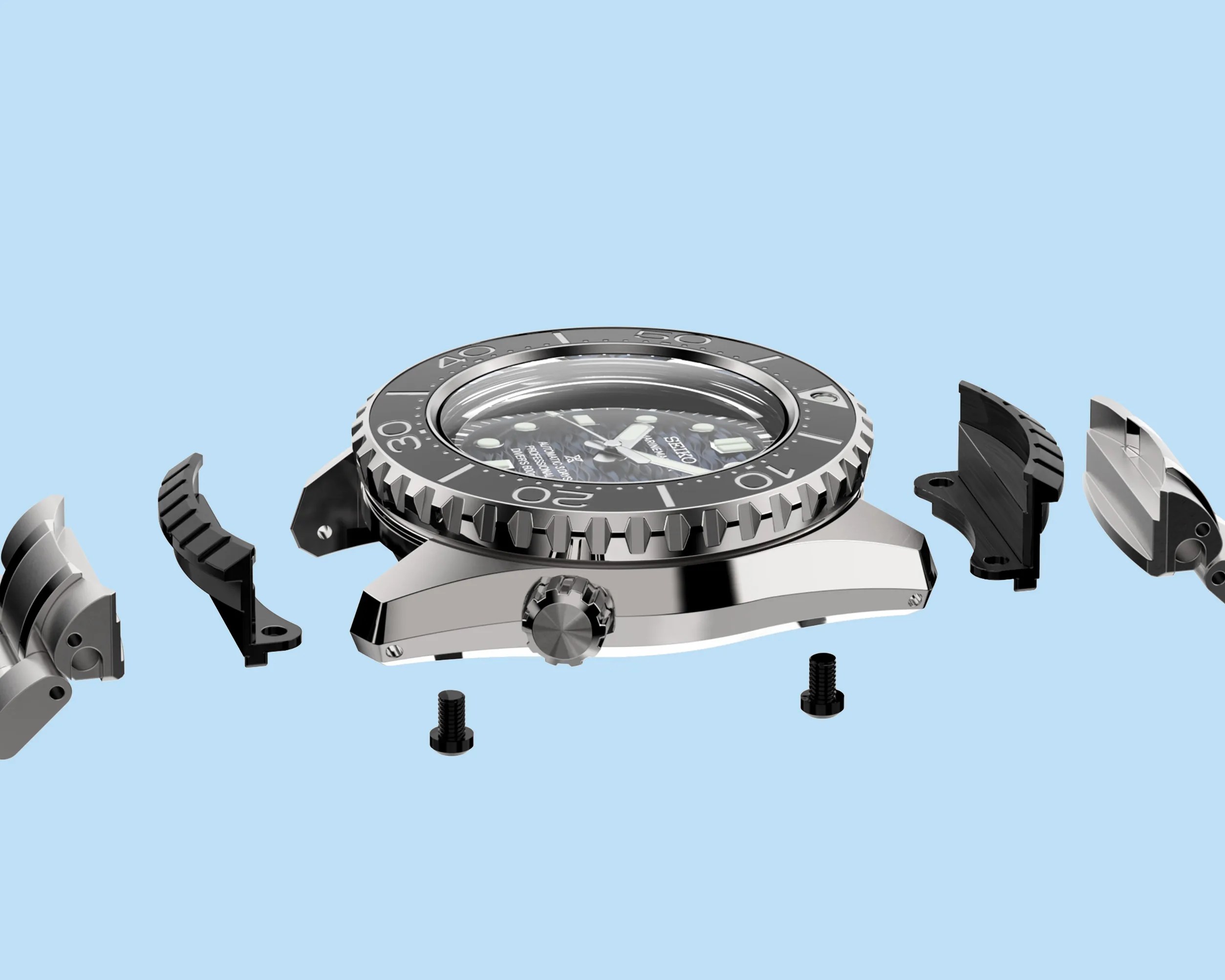 the case and bracelet locks pulled apart on a steel dive watch