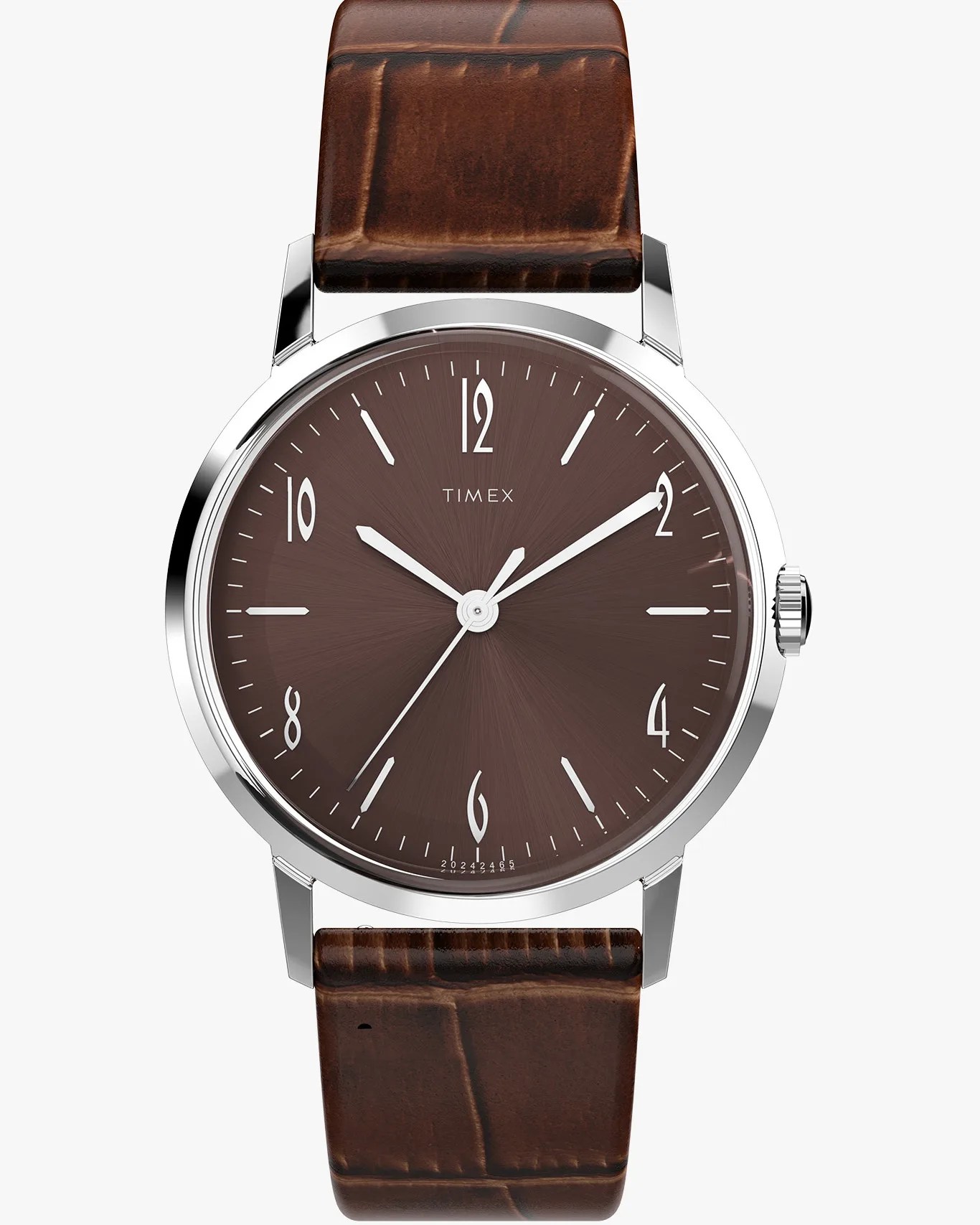 a steel Timex dress watch with a burgundy dial and a brown leather strap