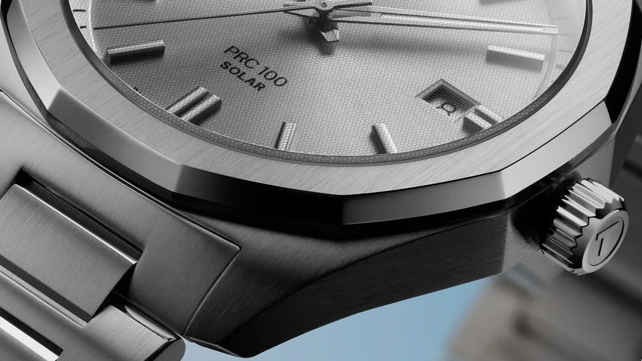 the case corner, crown and dial of a Tissot PRC 100 watch