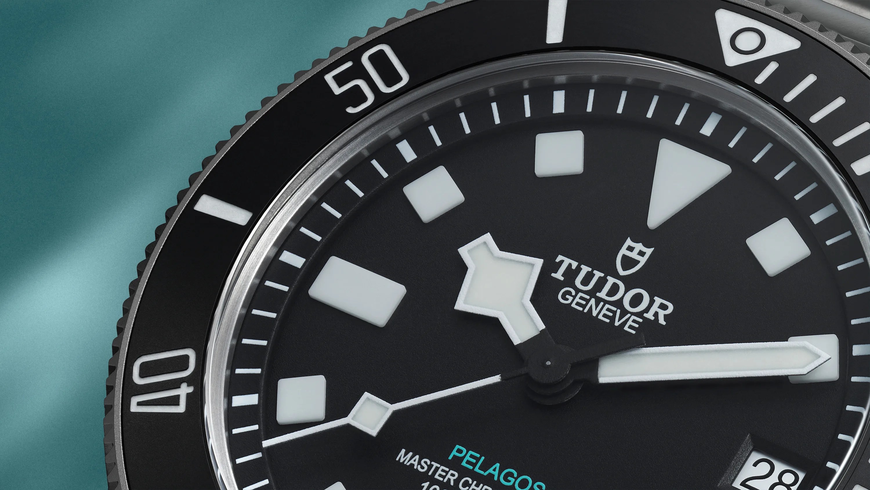 A close up of the section of the dial of the Tudor Pelagos Ultra