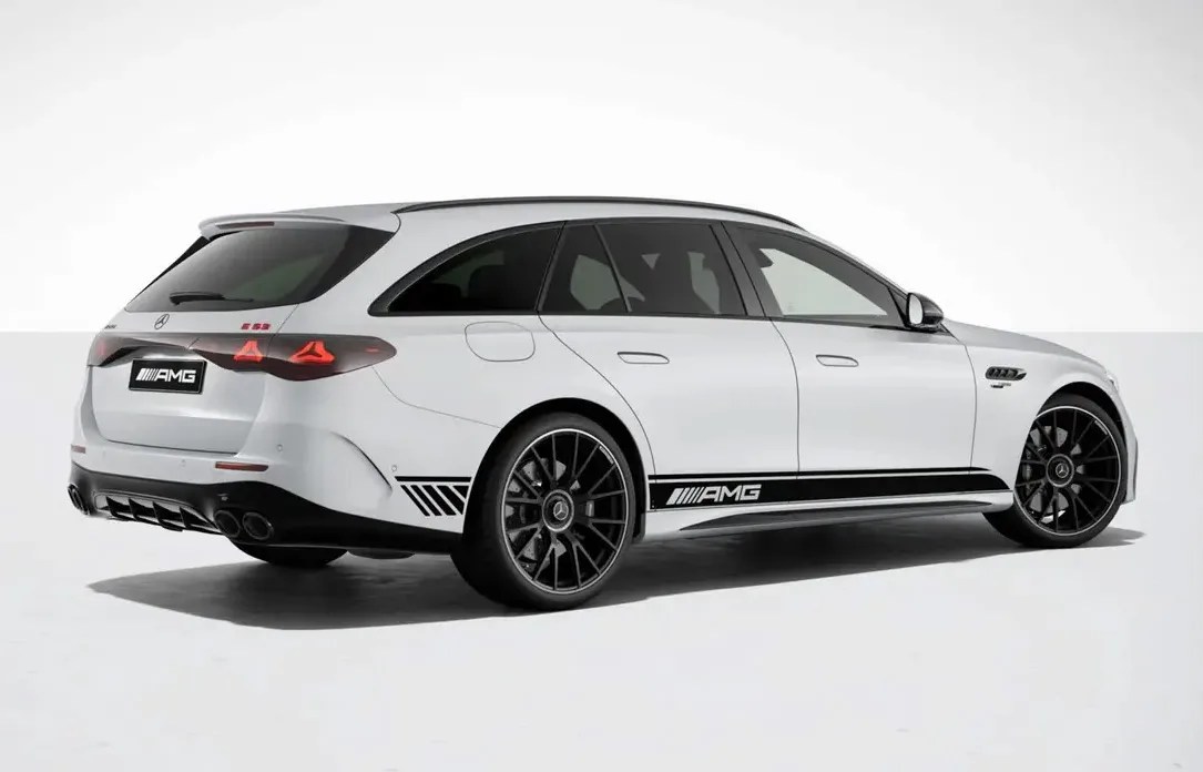 The 2026 Mercedes-AMG E53 Hybrid Wagon in white shown from the back right corner.