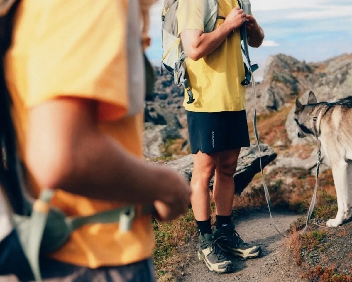 Salomon X Ultra 5 Hiking Boots on hiker with dog