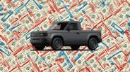 A Slate Auto Blank Slate truck sitting on a illustrated background of dollar bills