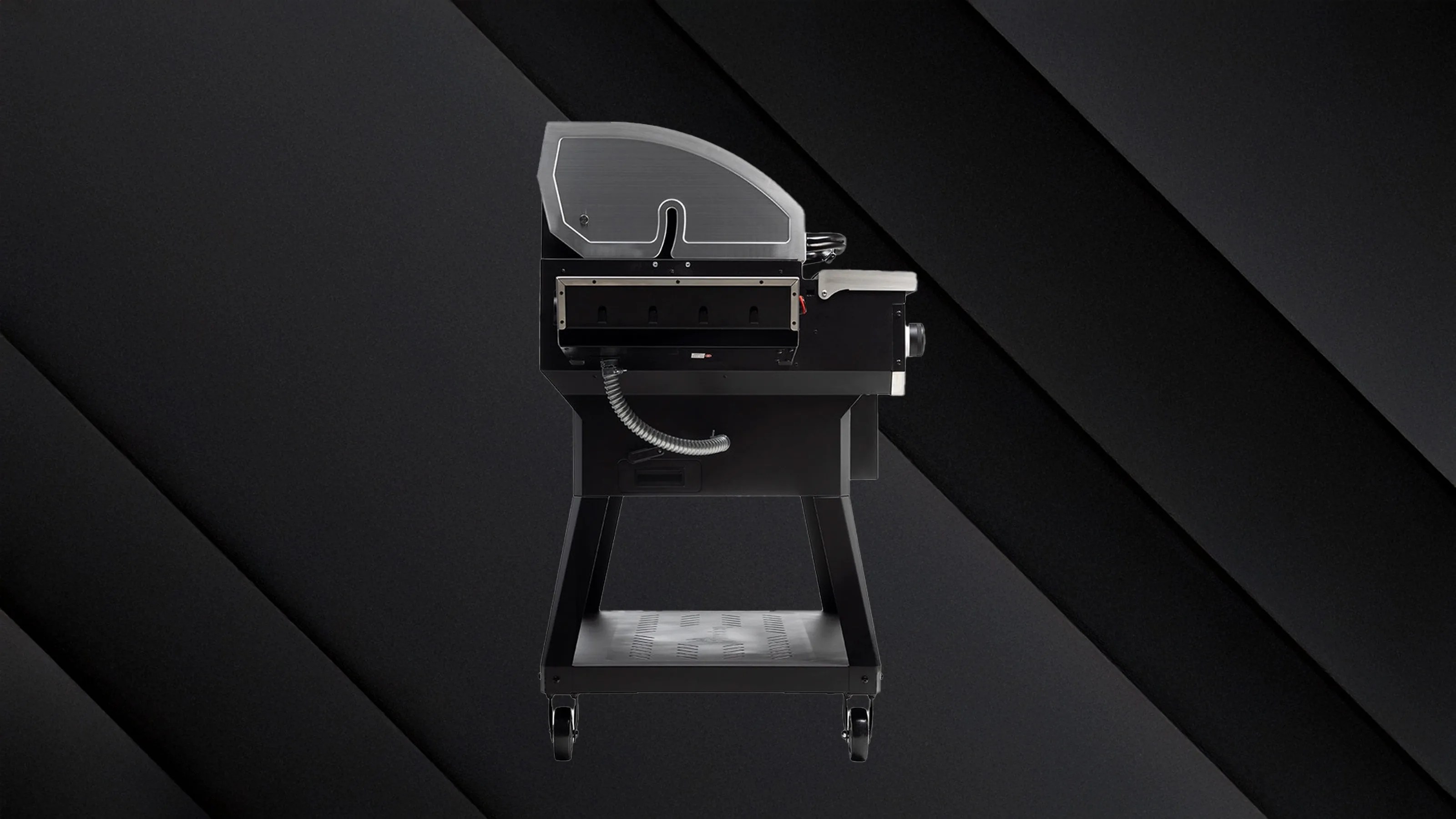 A profile view of the Recteq X-Fire Pro 825 grill against a dark metallic background.