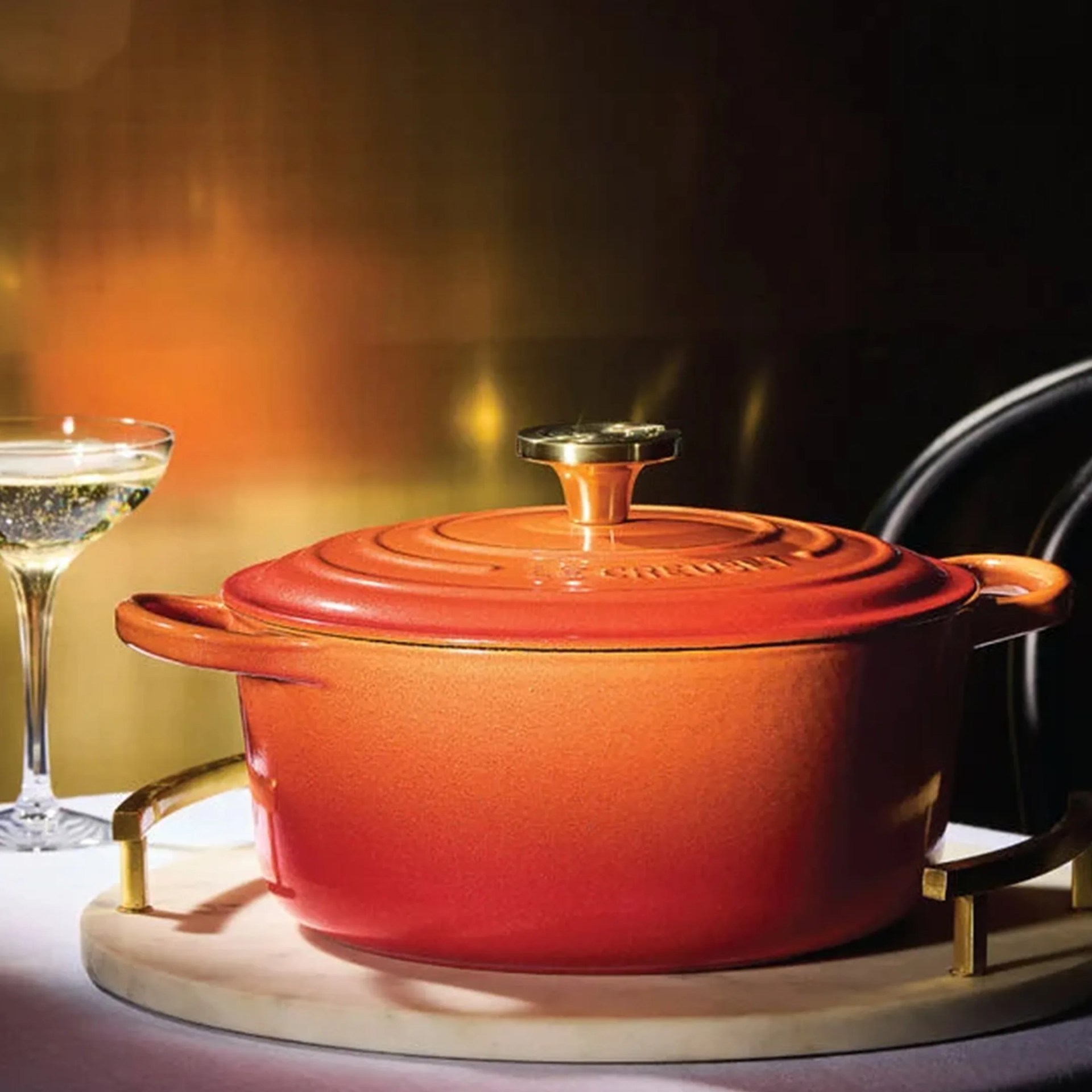 a le creuset dutch oven on a table