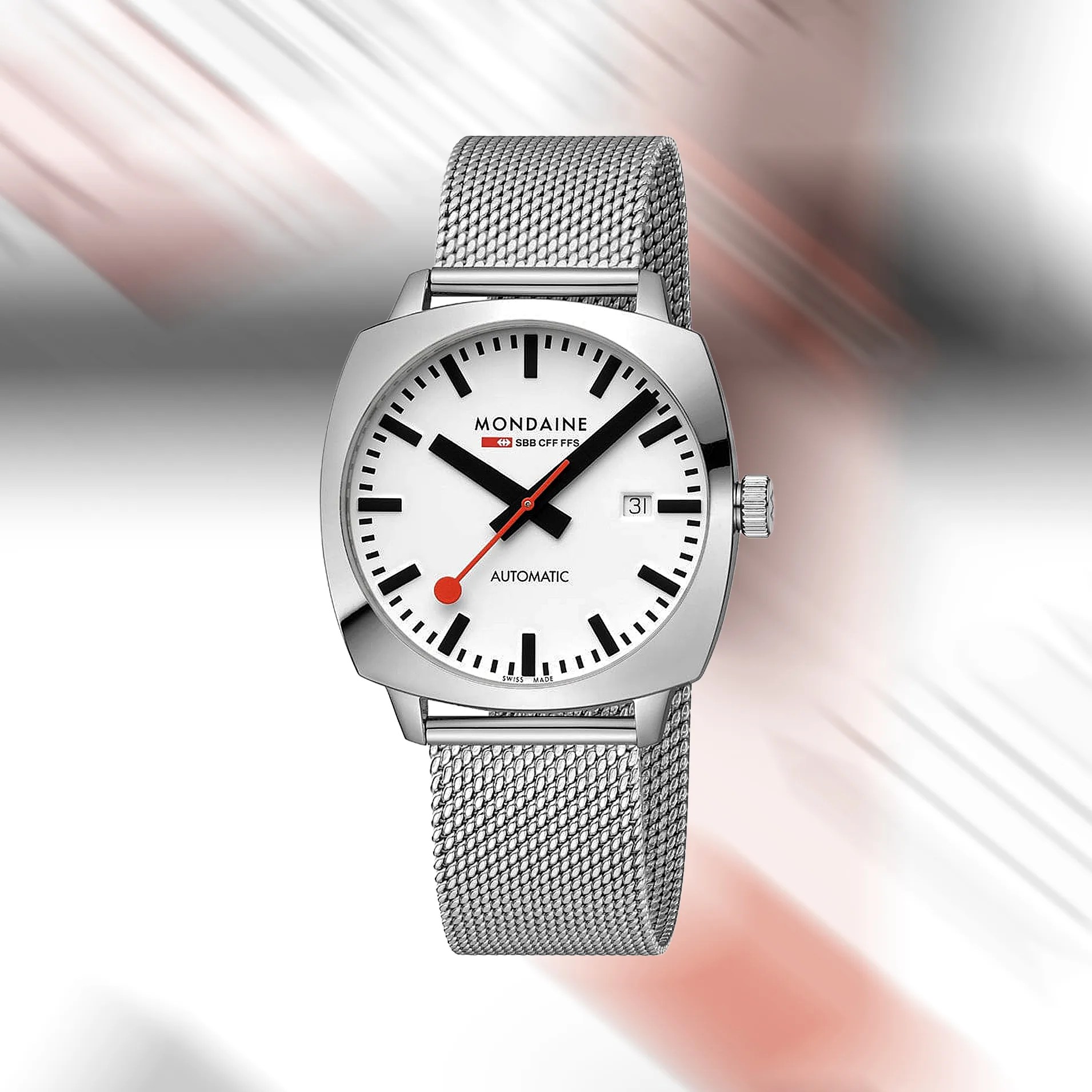 a Mondaine watch with a white dial