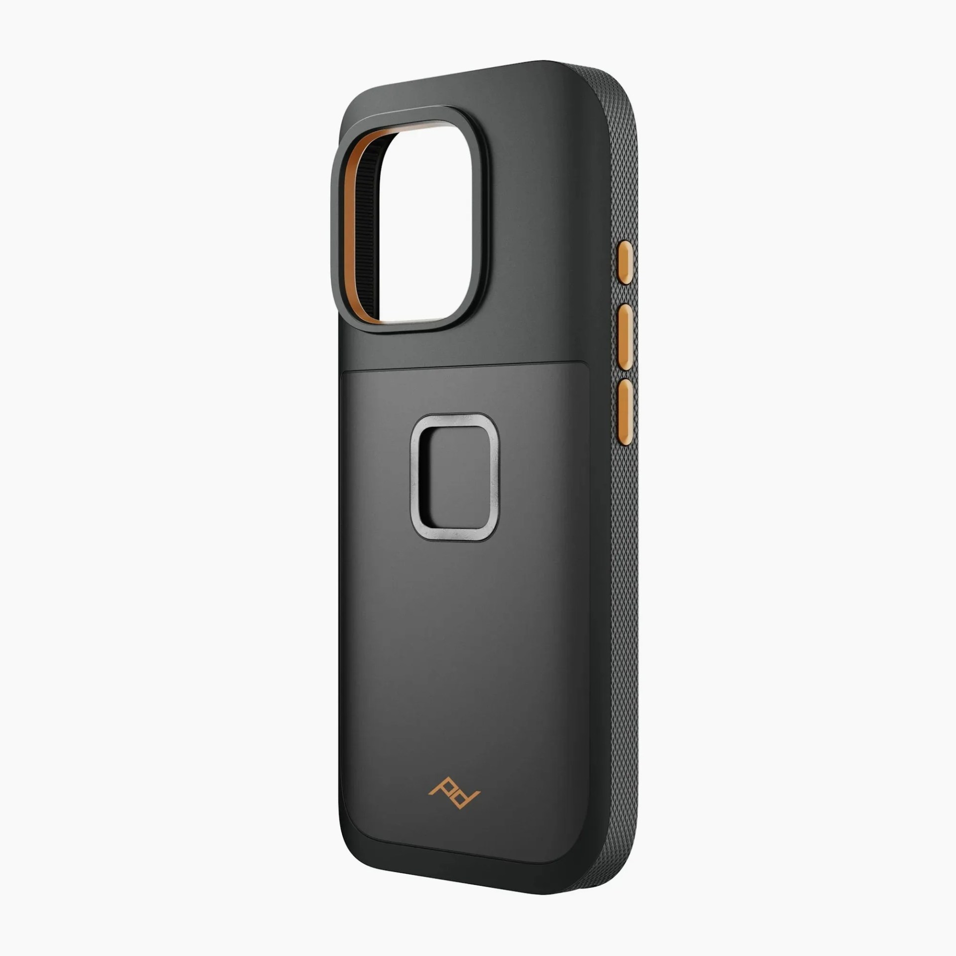 Black and orange textured phone case with cutouts for camera and buttons, featuring a small logo near the bottom.