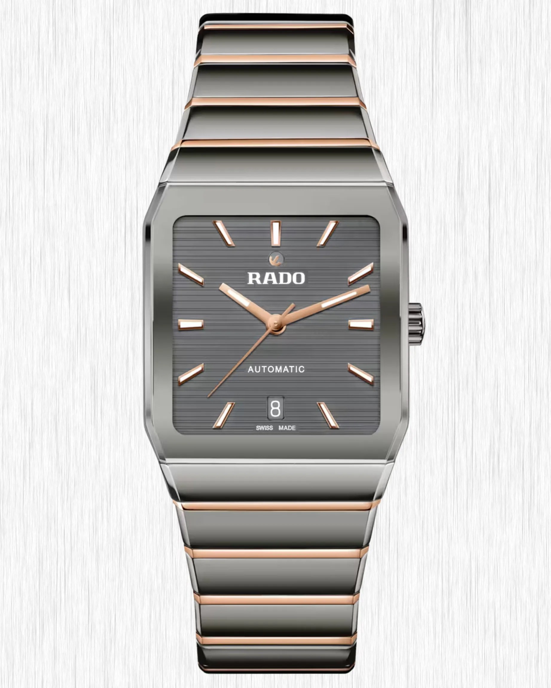 a gray ceramic watch with a square dial