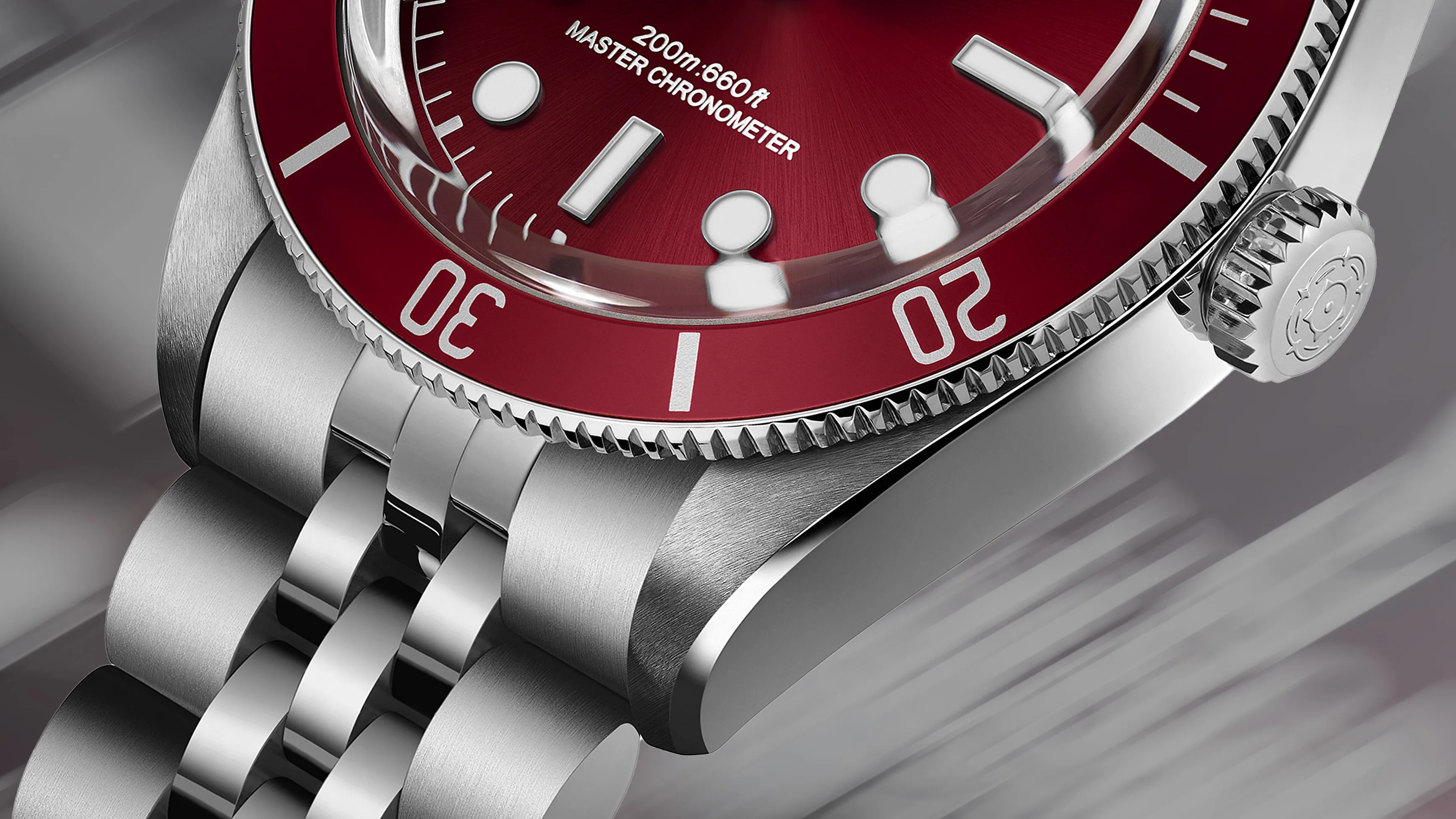 the case, bezel and dial of a red Tudor dive watch