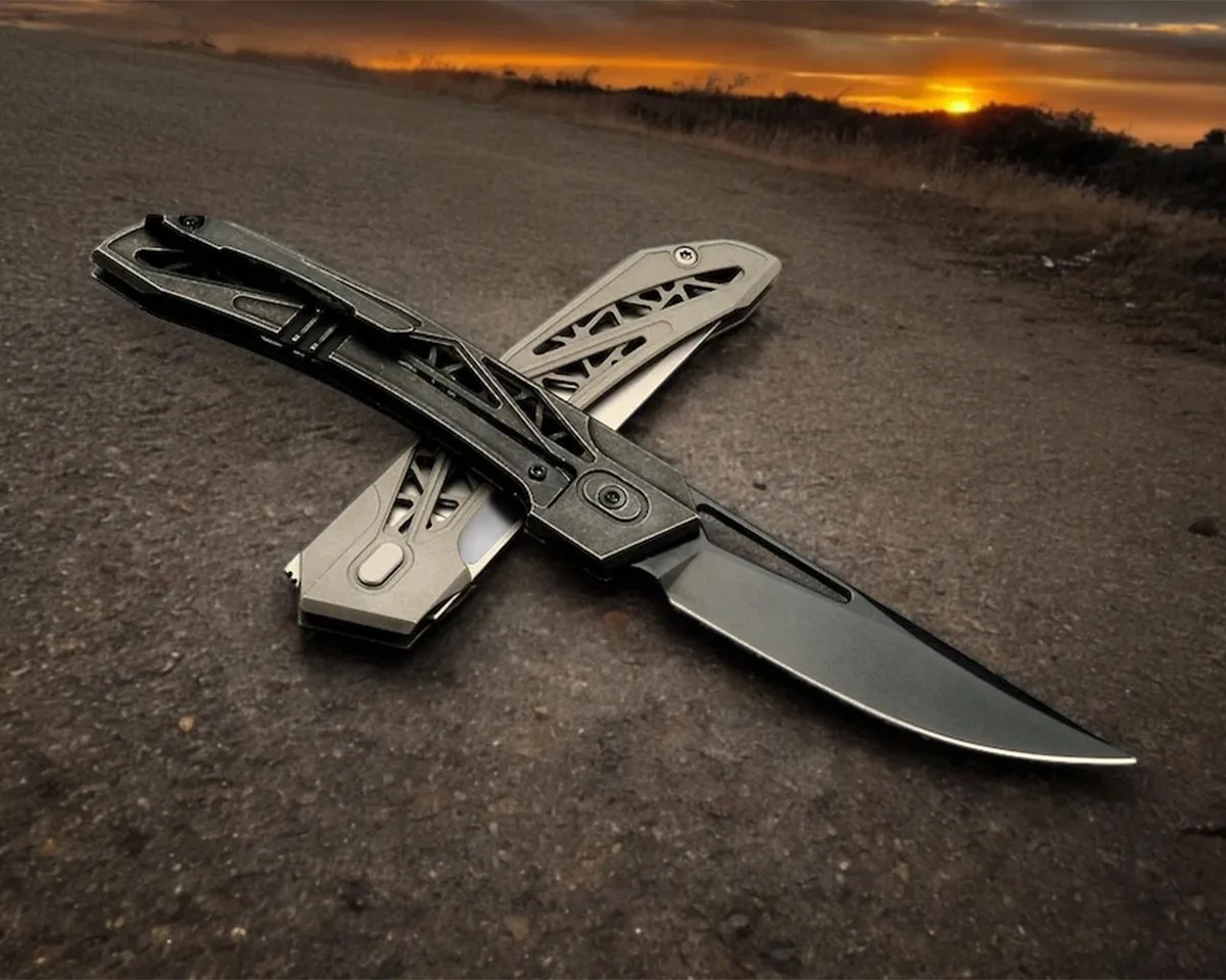 Two Avian Knives Topaza V1 knives on asphalt