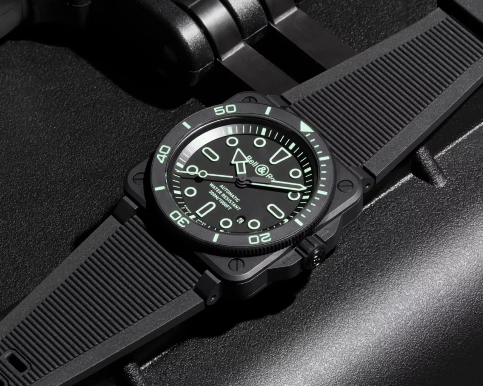 Bell & Ross BR-03 Diver Lum Outline Dive Watch on black storage container