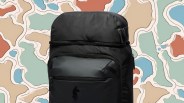The Cotopaxi Allpa 50L Adventure Travel Pack shown against an abstract illustrated map background.