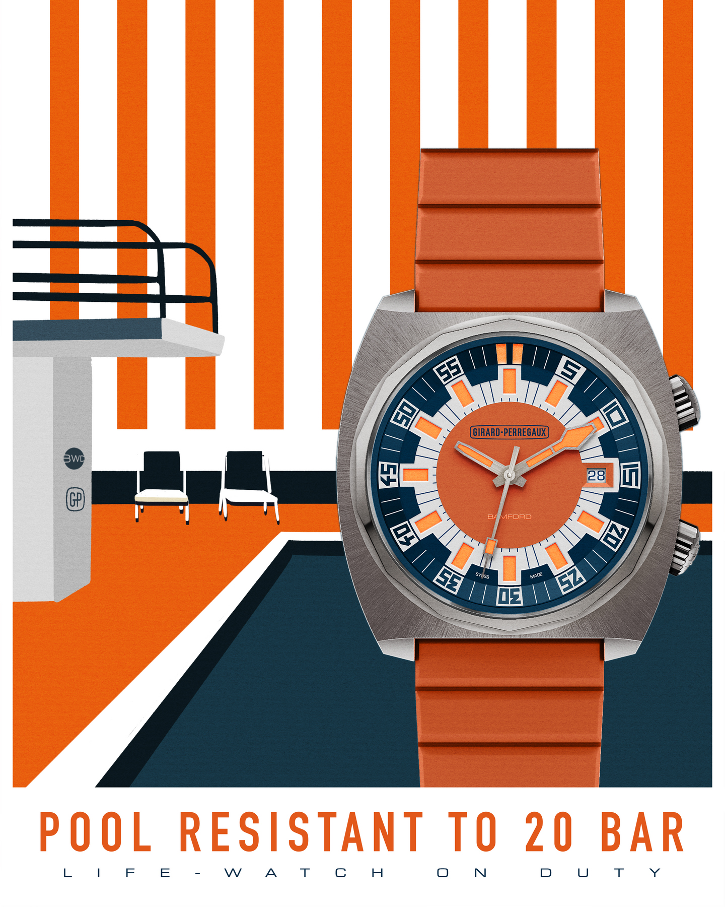 An advertisement for a Girard Perregaux dive watch