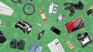 An illustrated green background of dollar bills spiraling into the center. On top of this background appears an array of US consumer goods like the iPhone, a Ford 15- and others shown at off angles as if spiraling towards the center