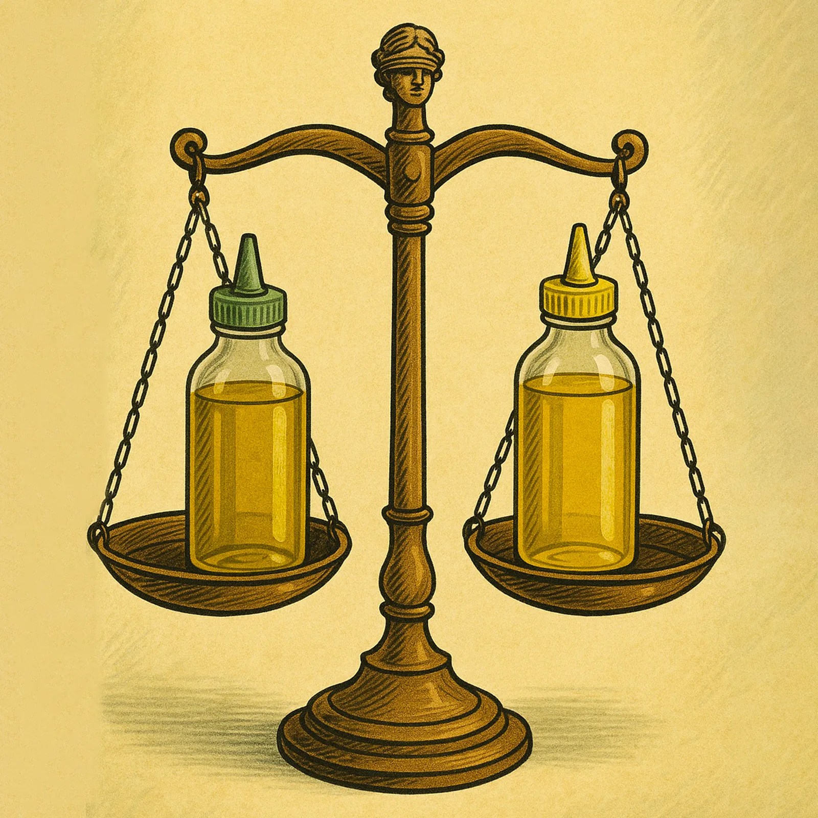 An illustration of two bottles of olive oil on the scales of justice