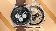 Two Omega Speedmaster watch faces shown side by side. One is black with white sub-dials, another in gold with black subdials