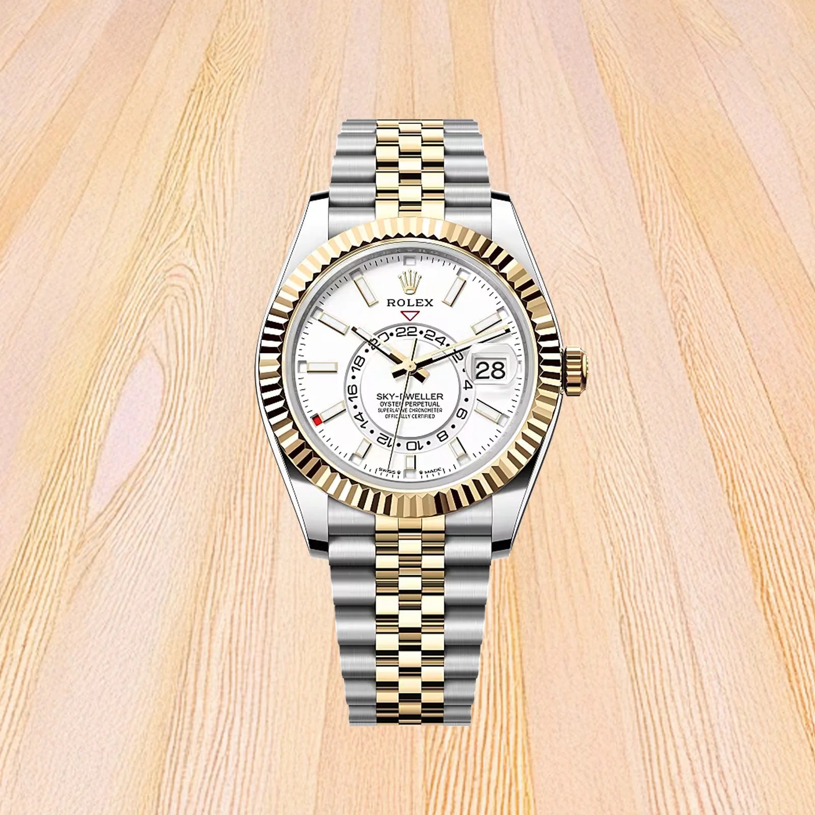 A Rolex Sky-Dweller Oyster Steel and Yellow Gold (Ref 336933) against a light wood background.