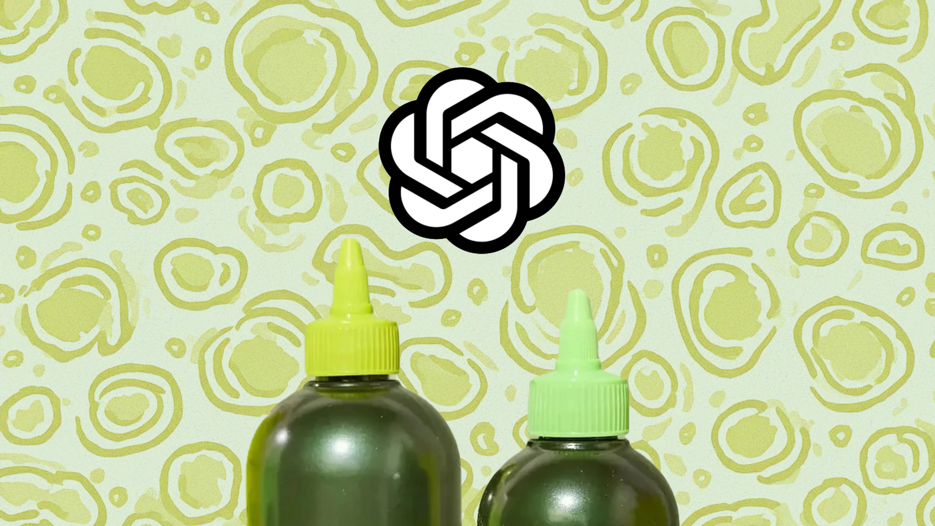 The tops of two olive oil bottles are shown against a patterned green and yellow swirled background. The Open AI logo sits above both bottles.