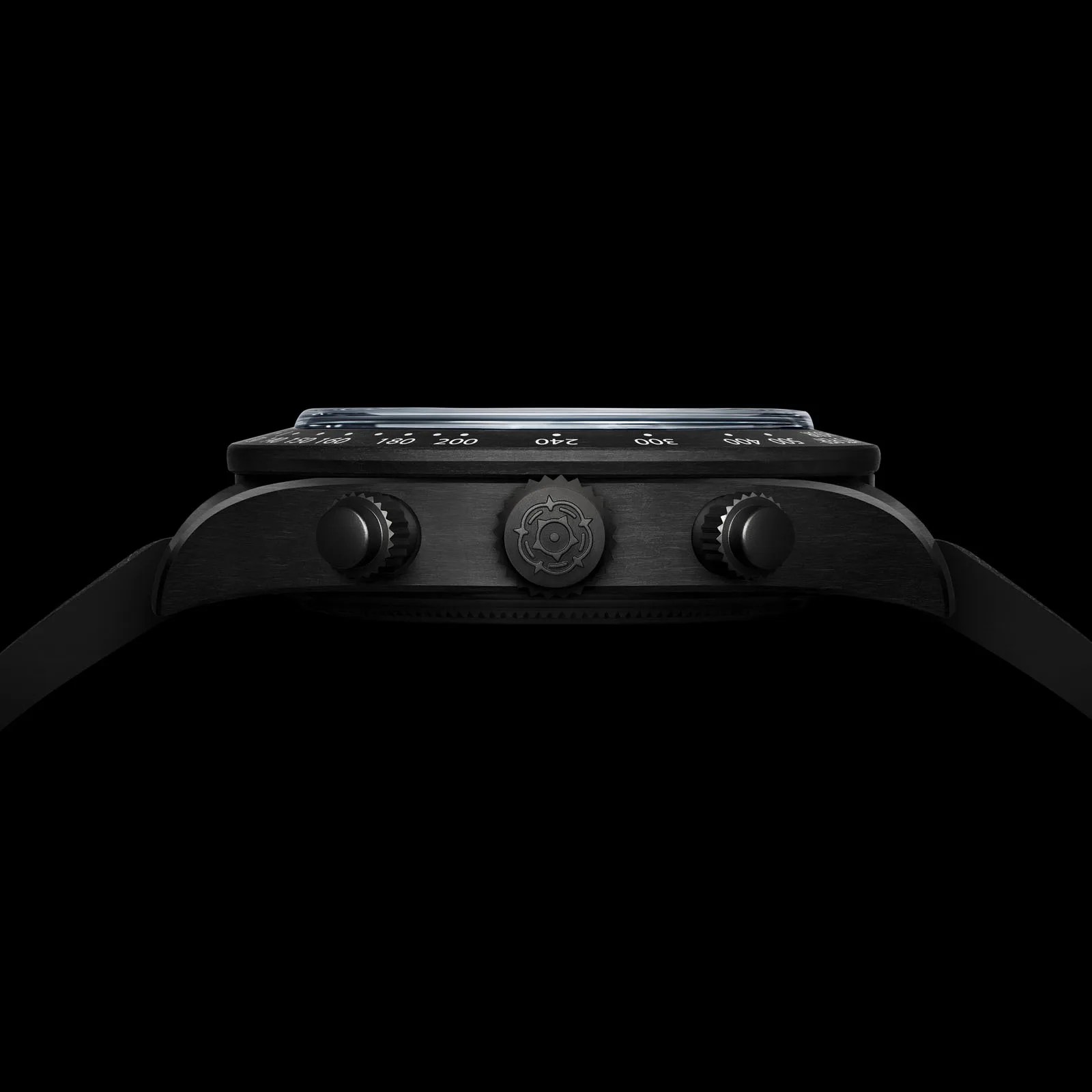 A side view of the Tudor Black Bay Chrono "Carbon 25" watch against a black background