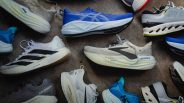 top down photo of different running shoes from brooks, asics, nike, adidas and on