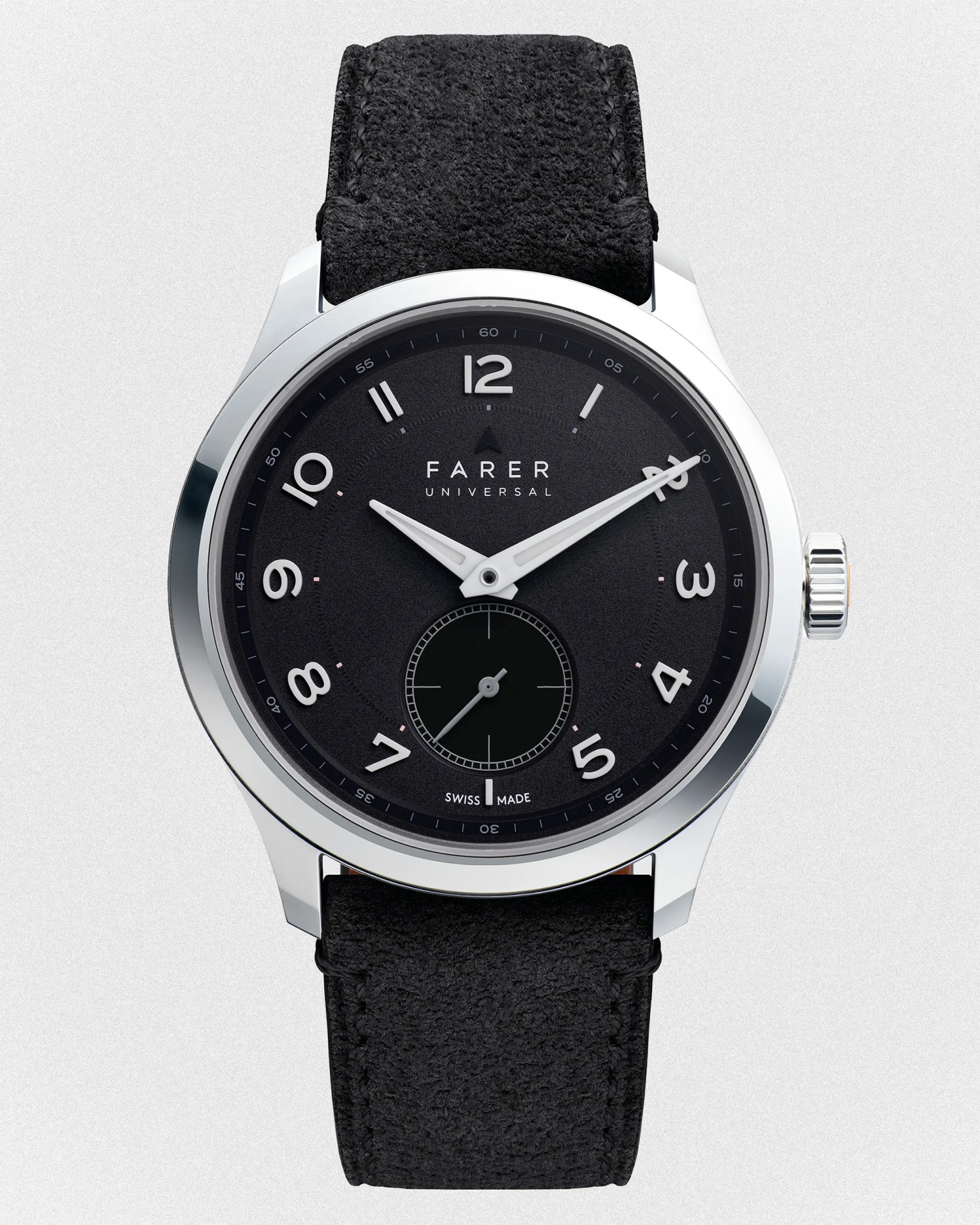 a black dial with a Farer dress watch with a black suede strap