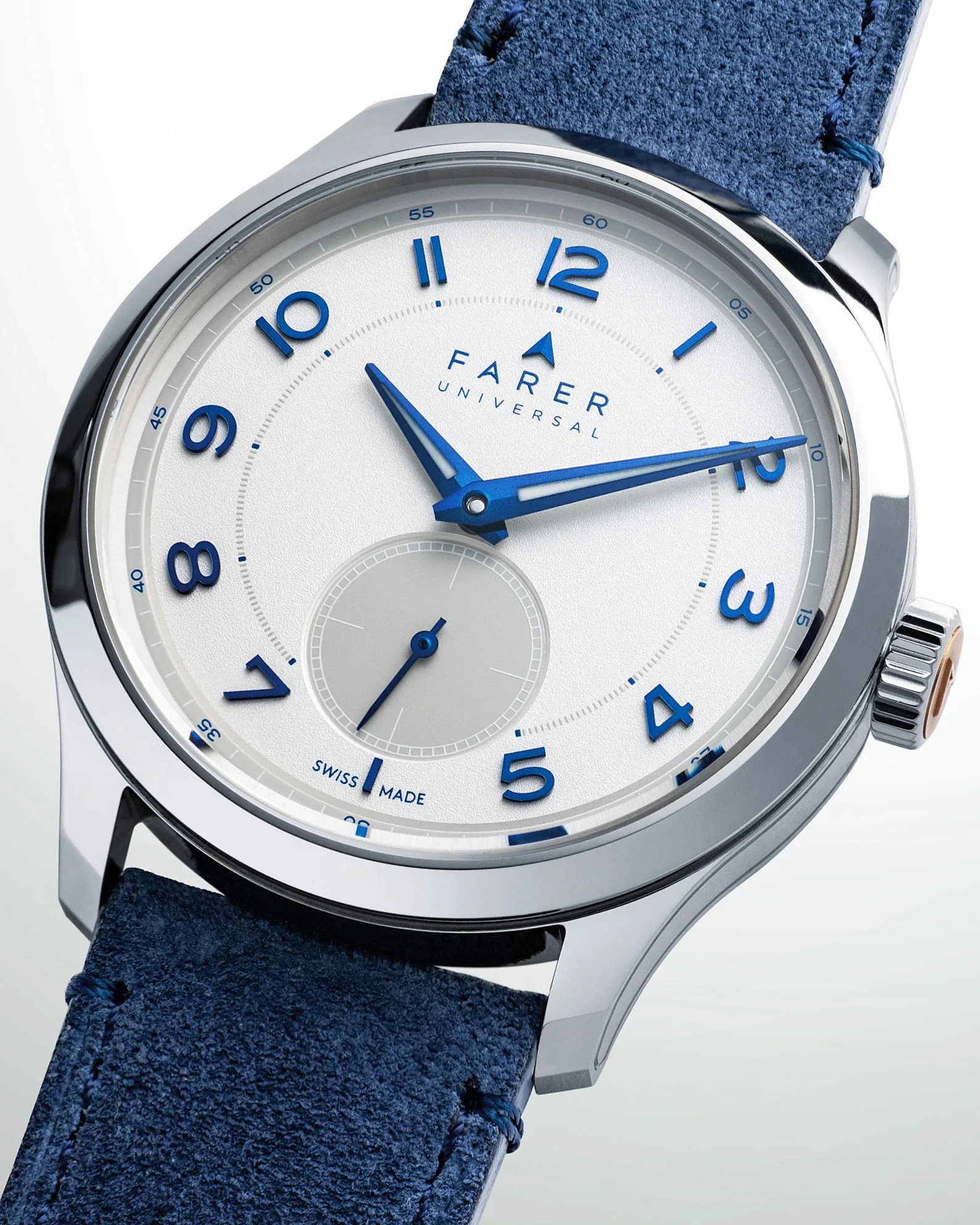 a white dial Farer dress watch with a blue strap