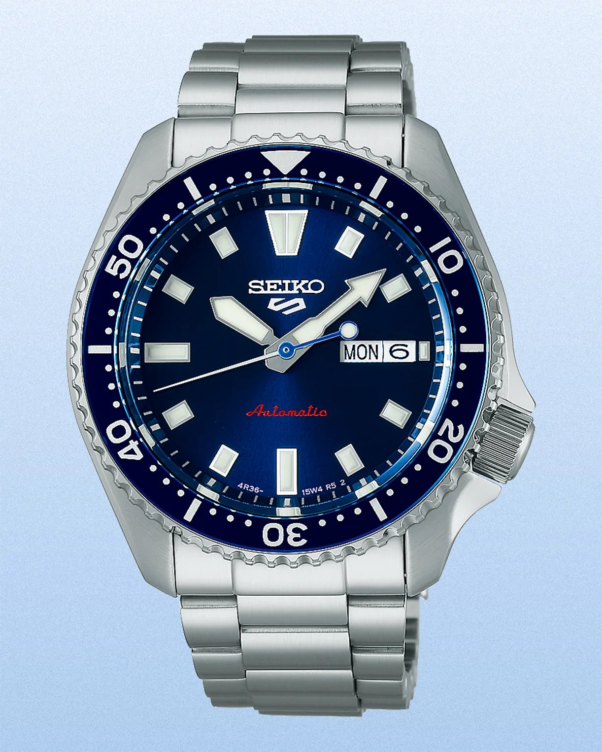 a blue seiko 5 sports dive watch