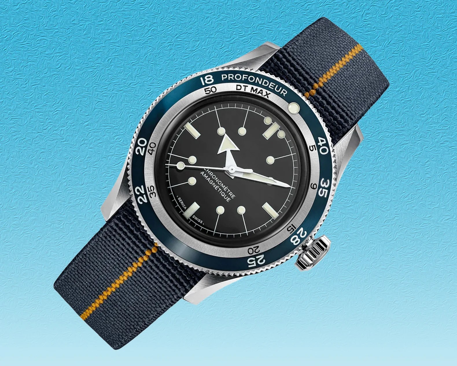 a Serica dive watch with a blue nylon strap