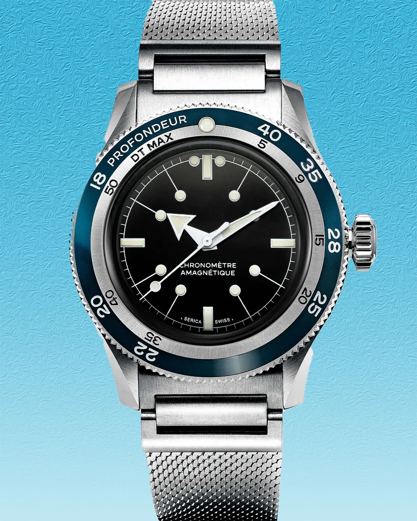 a Serica dive watch with a black dial and steel bracelet