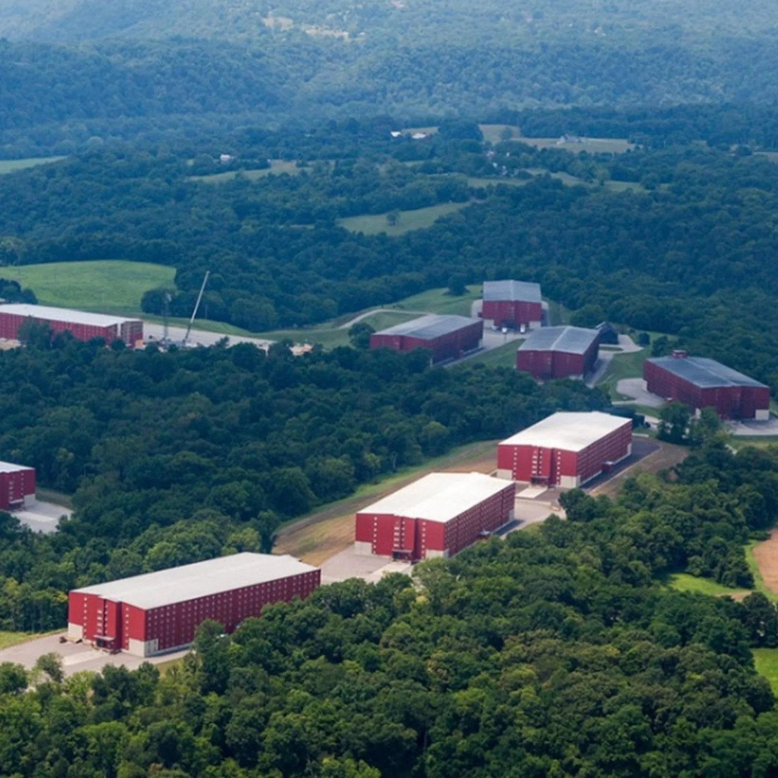 An aerial image of new bourbon storage warehouses at the Buffalo Trace distillery