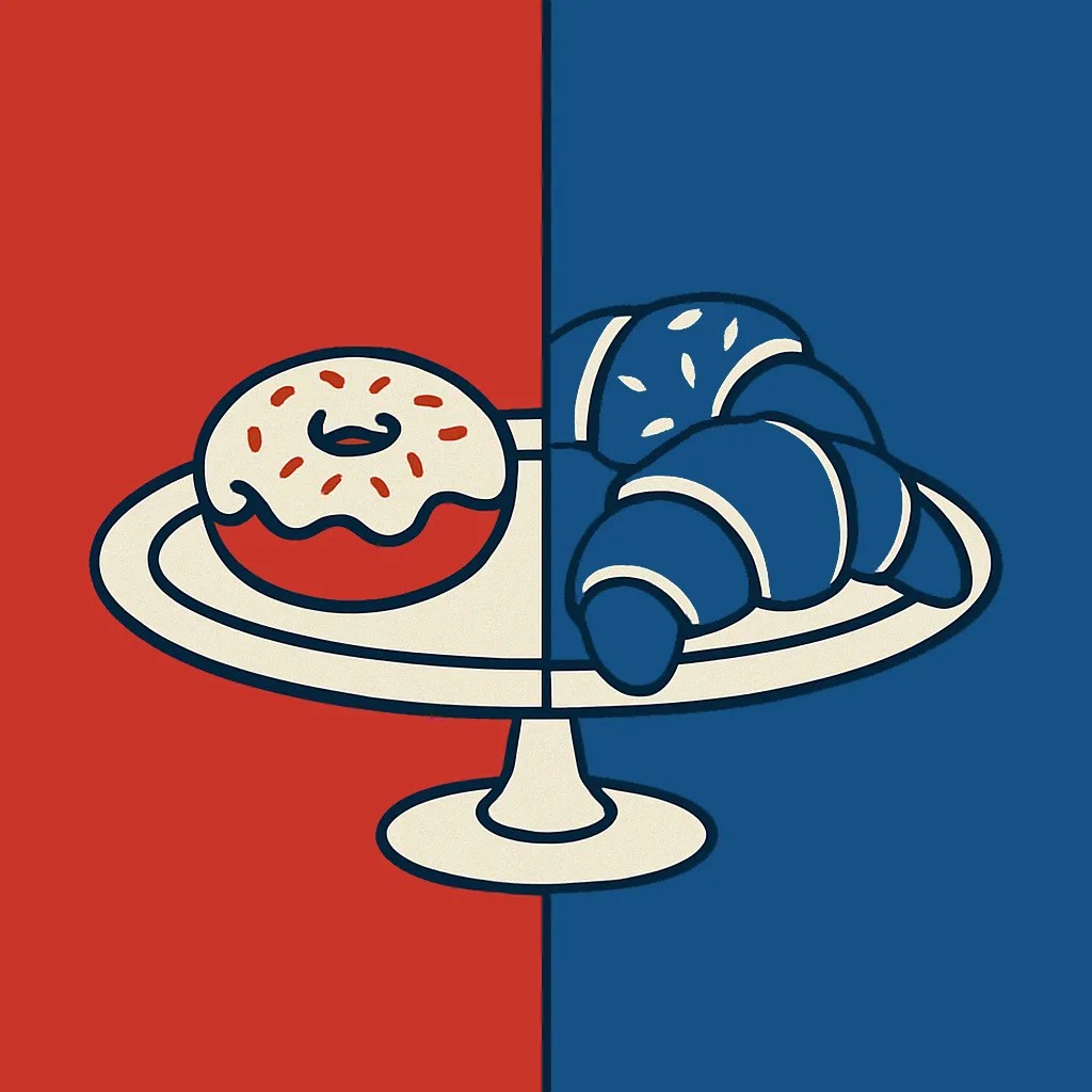 An illustration of a doughnut and croissant on a platter shown in contrasting red and blue colors. 