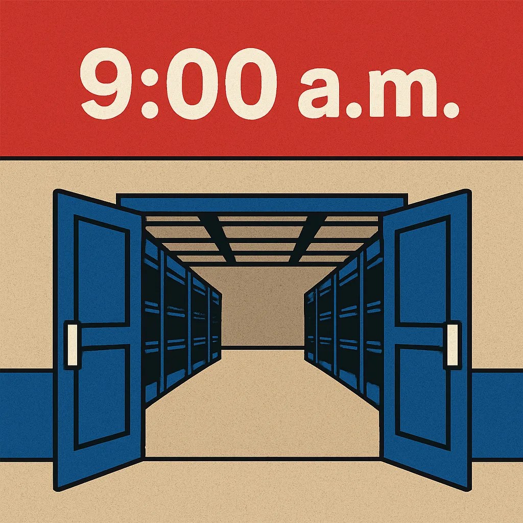 An illustration of a simplified Costco store front with the doors open, showing an empty store with the time 9:00 a.m. listed above