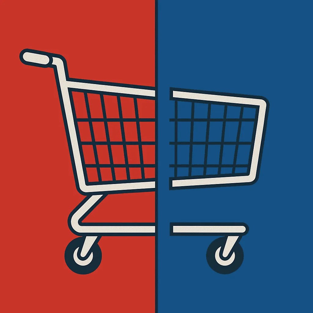 An illustration of a shopping card split in half against a red and blue background