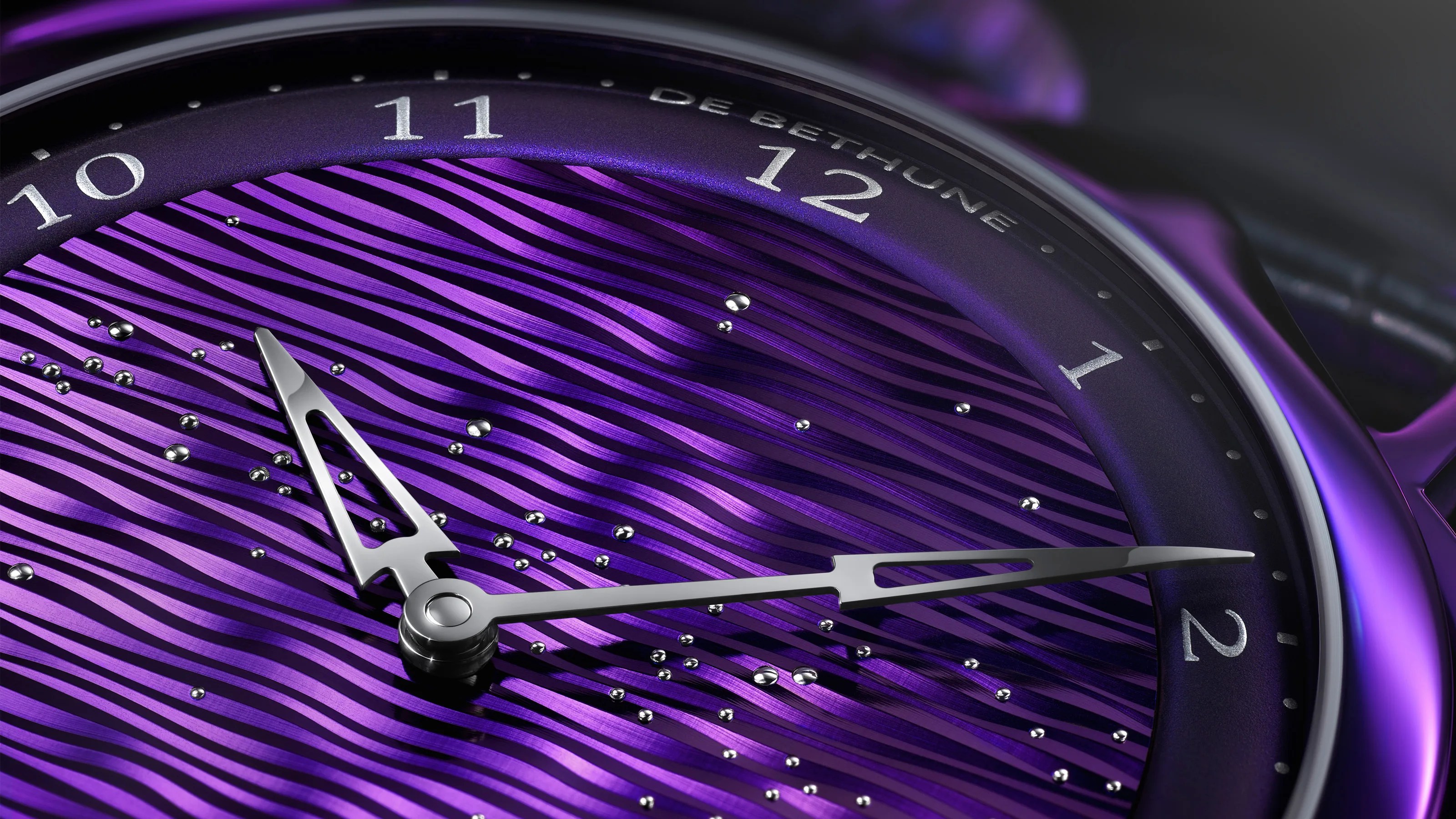 A close-up of the purple dial of the De Bethune DB28xs Purple Rain