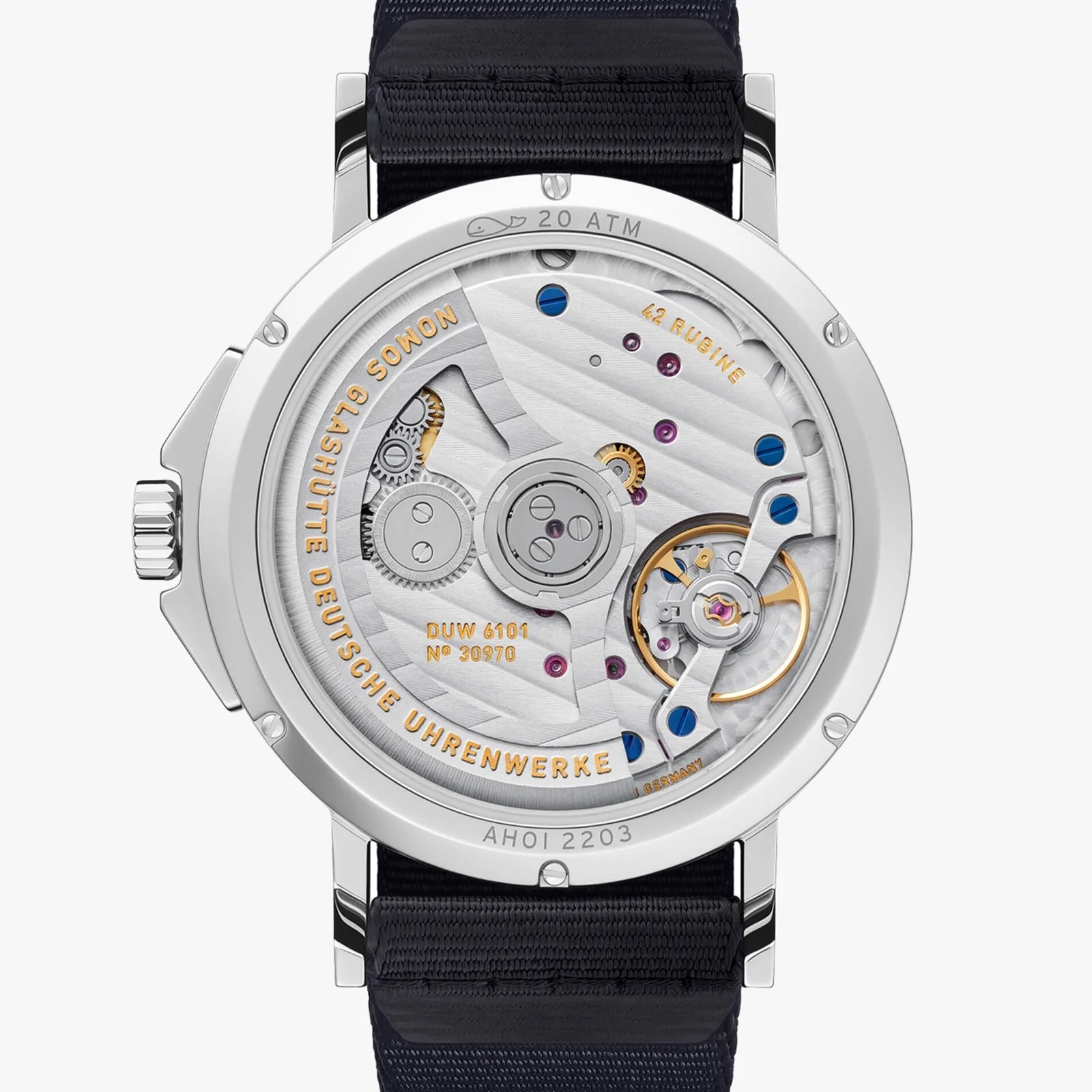 A view of back the Nomos Glashütte Ahoi Neomatik 38 Date in White